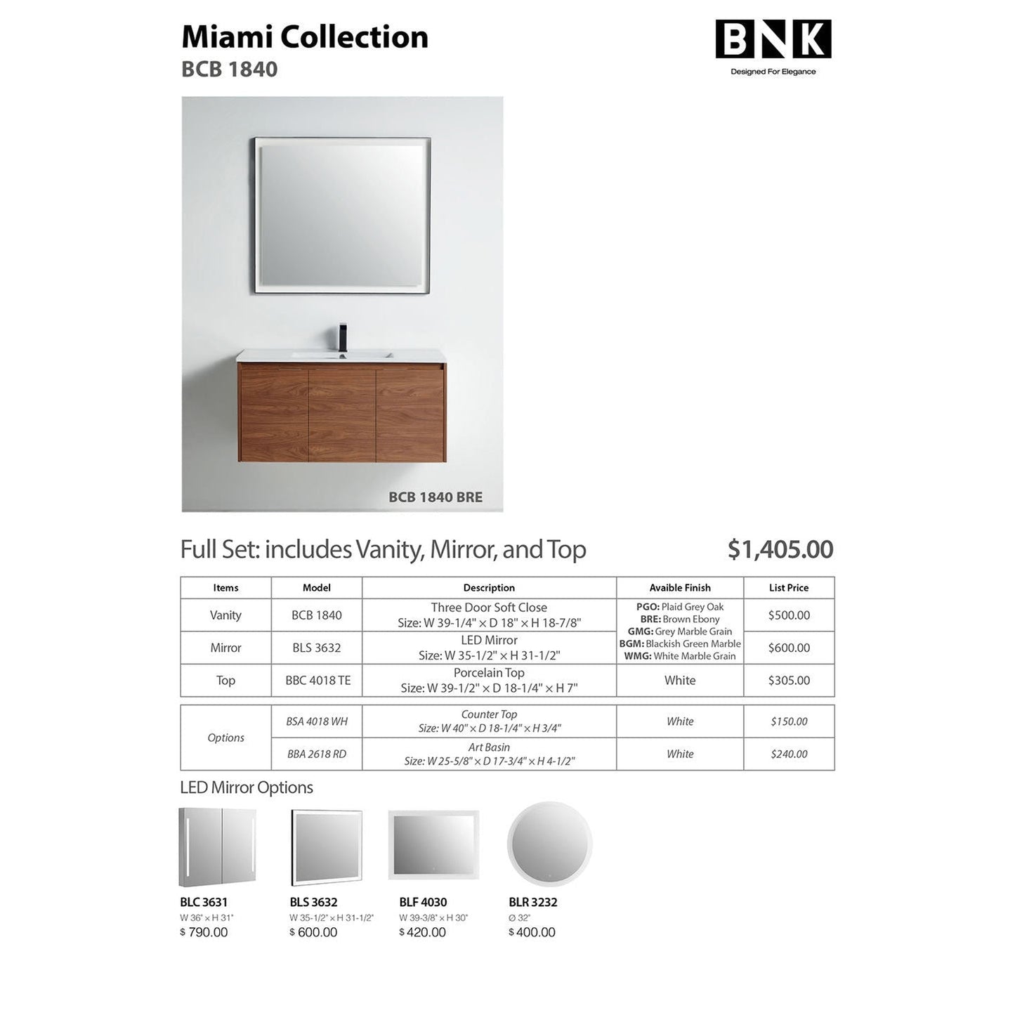 BNK BCB1840BRE Miami Brown Ebony Vanity Only Three-Door Soft Close