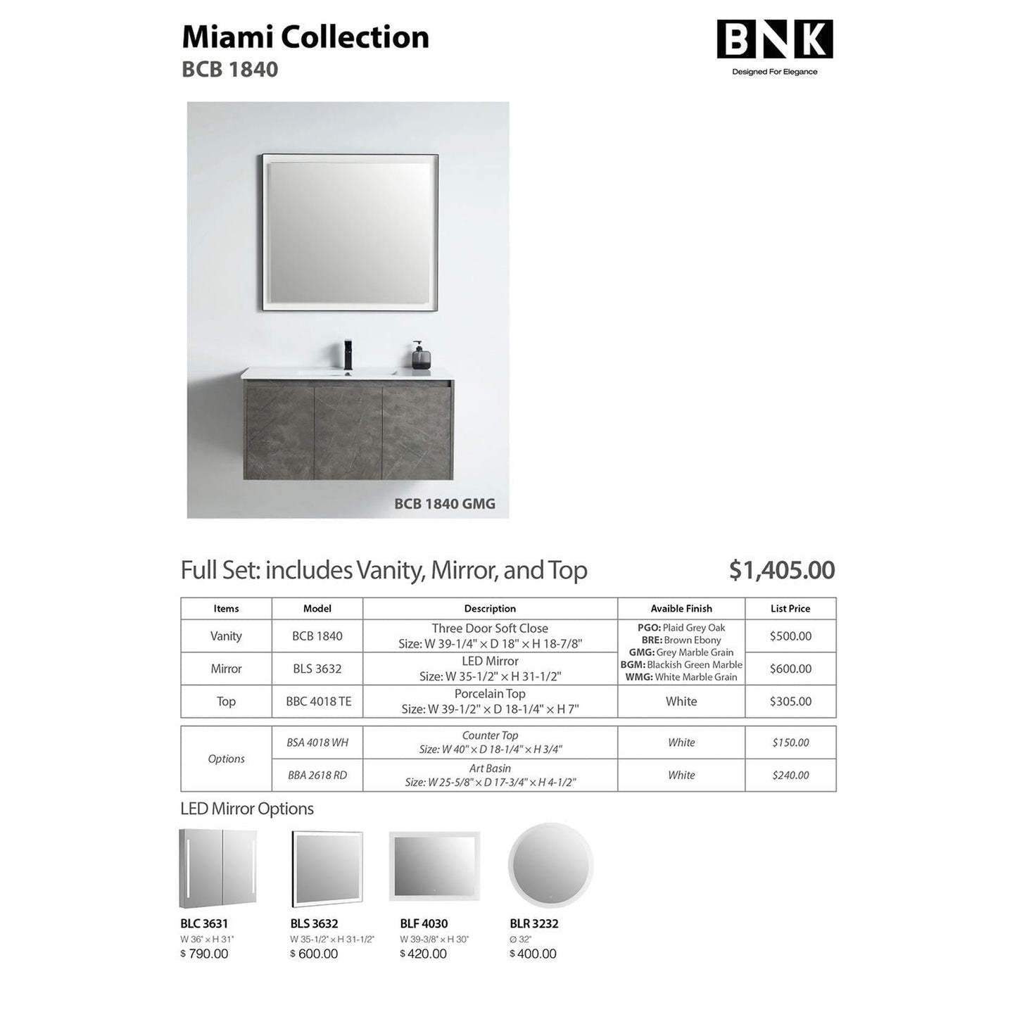 BNK BCB1840GMG Miami Grey Mable Grain Vanity Only Three-Door Soft Close