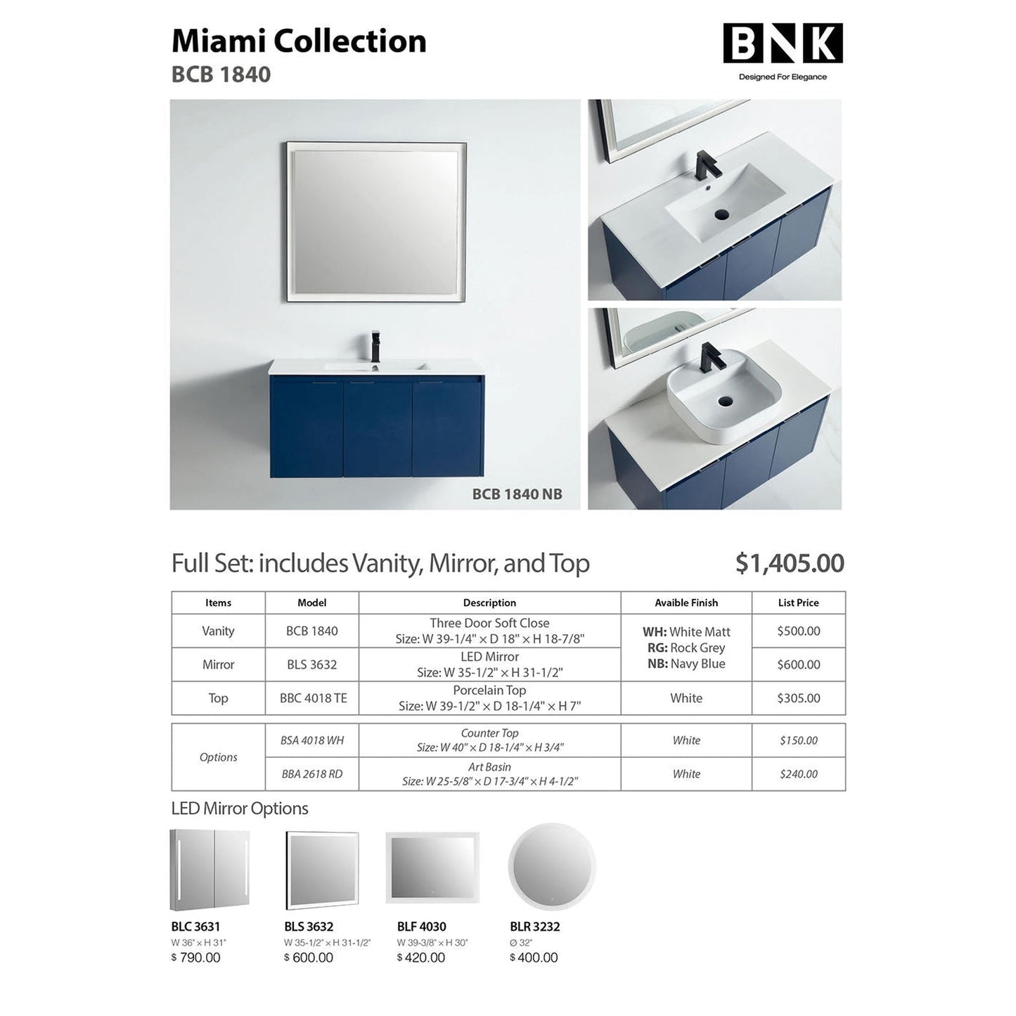 BNK BCB1840NB Miami Navy Blue Vanity Only Three-Door Soft Close