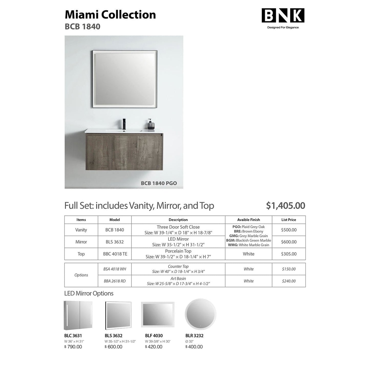 BNK BCB1840PGO Miami Plaid Grey Oak Vanity Only Three-Door Soft Close