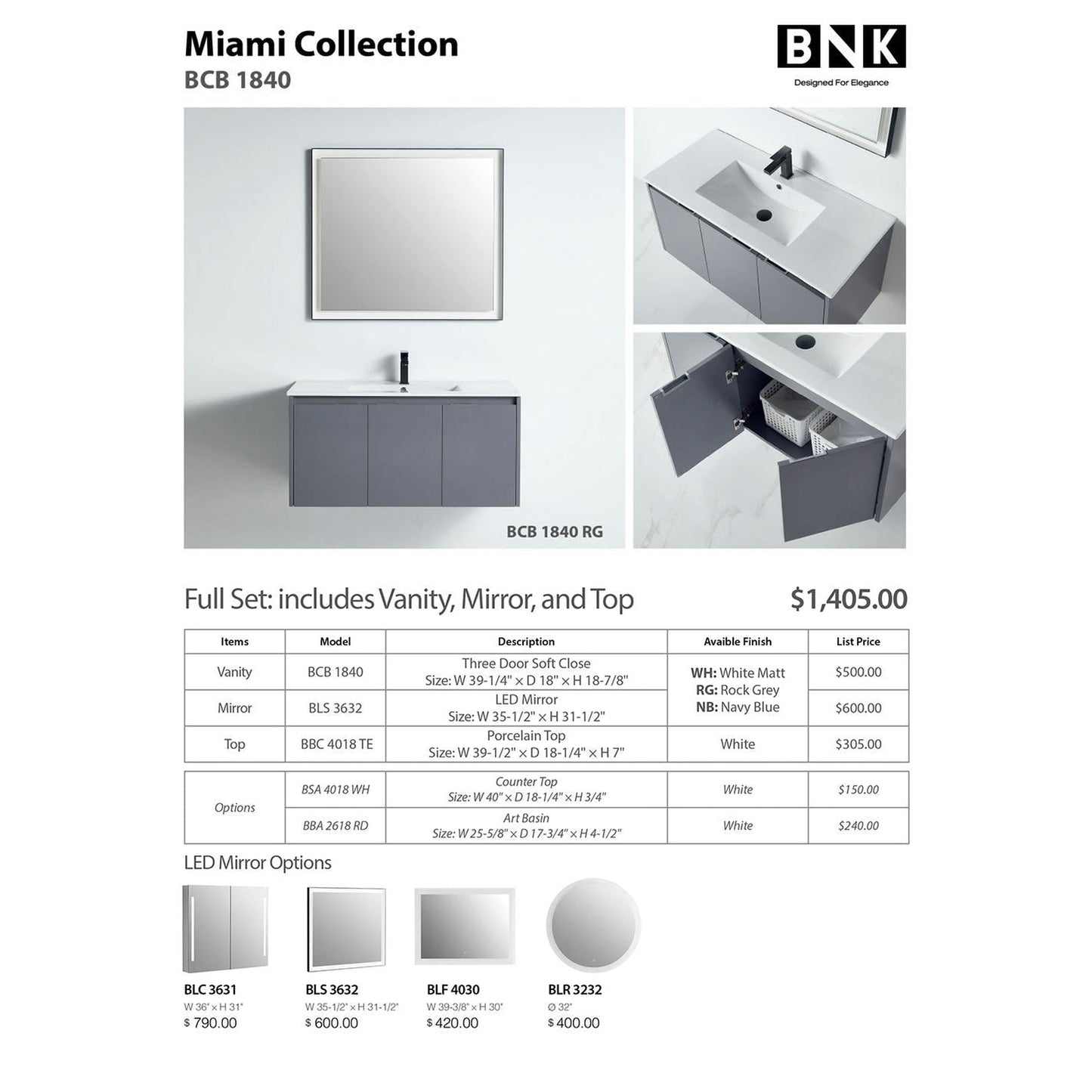BNK BCB1840RG Miami Rock Grey Vanity Only Three-Door Soft Close