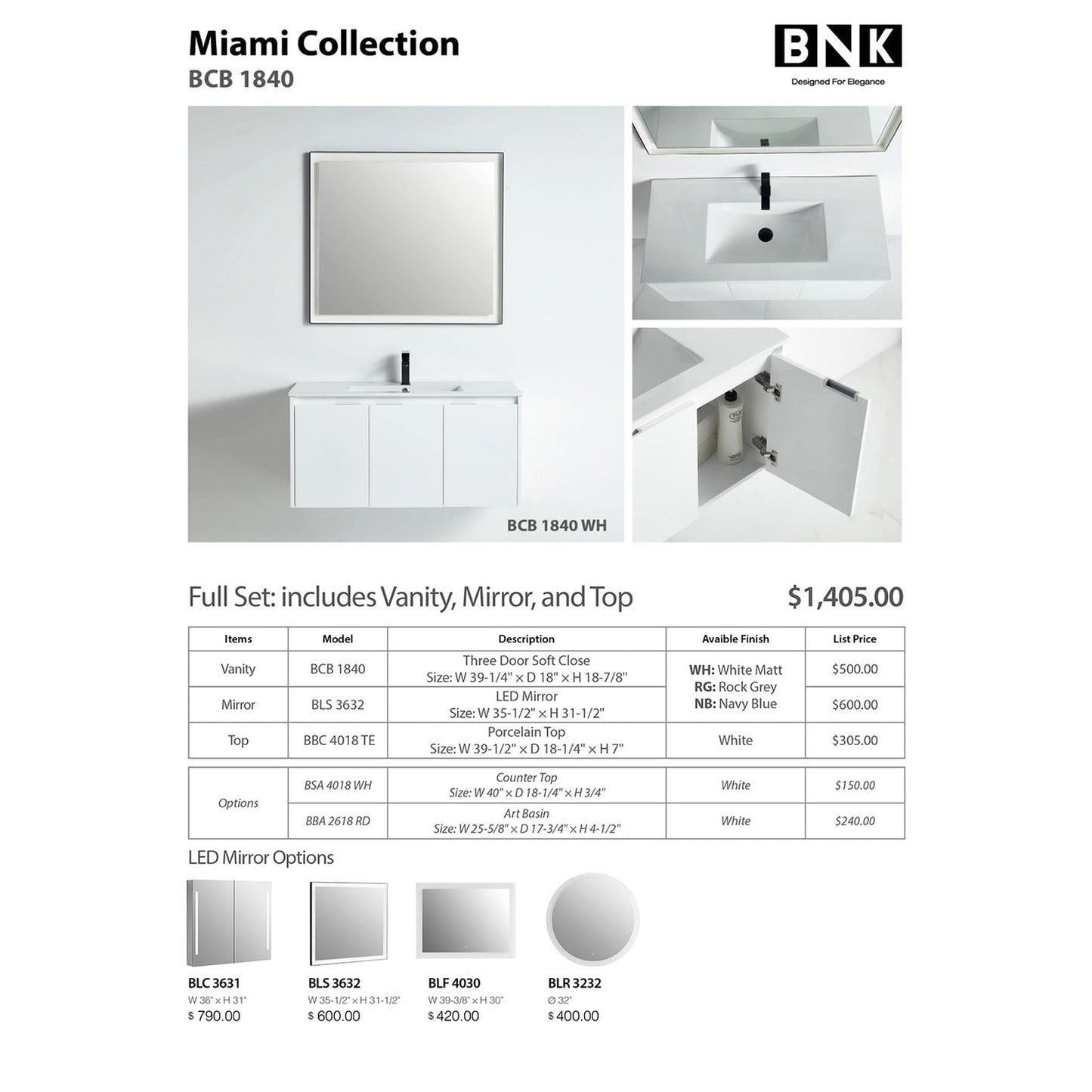 BNK BCB1840WH Miami White Matt Vanity Only Three-Door Soft Close