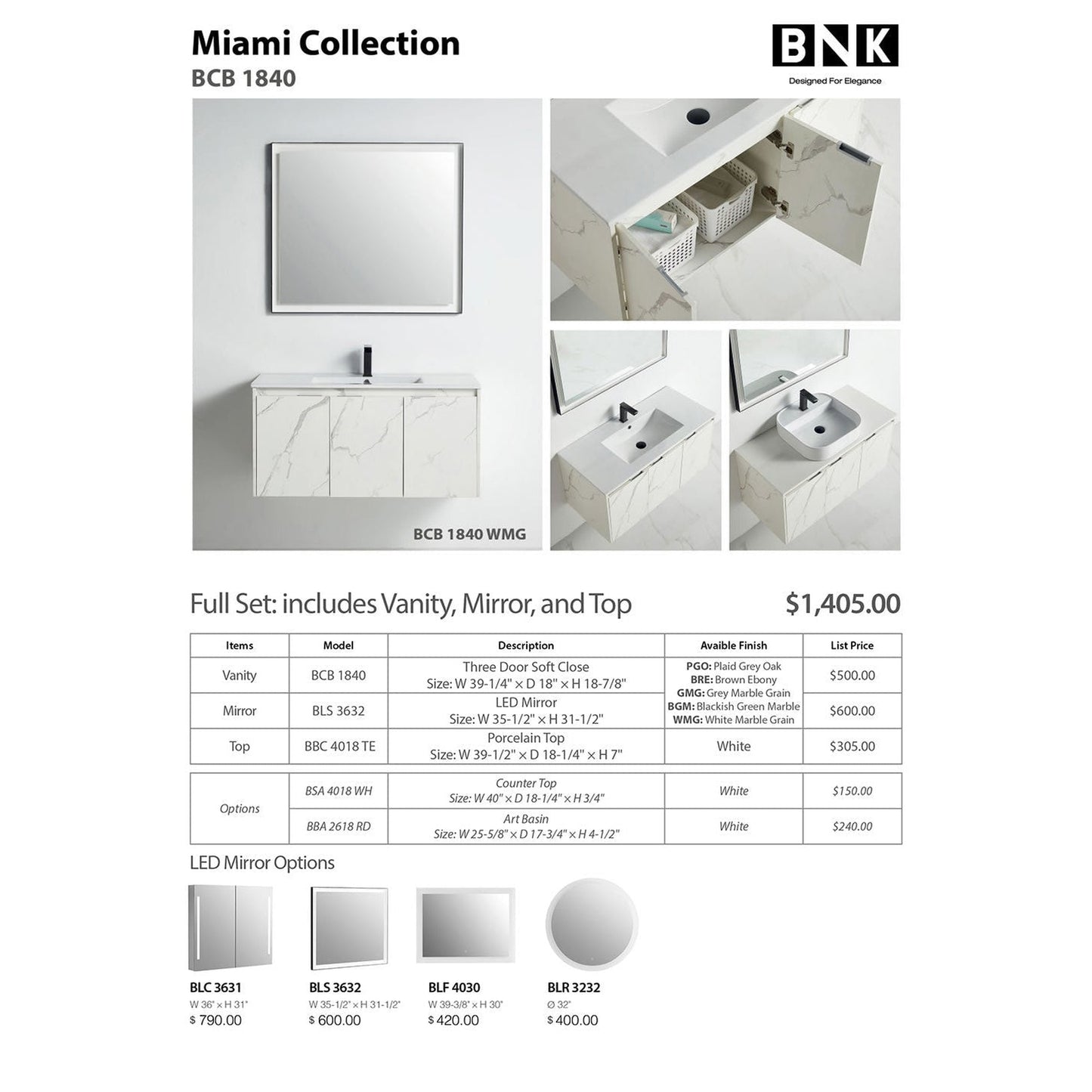 BNK BCB1840WMG Miami White Mable Grain Vanity Only Three-Door Soft Close