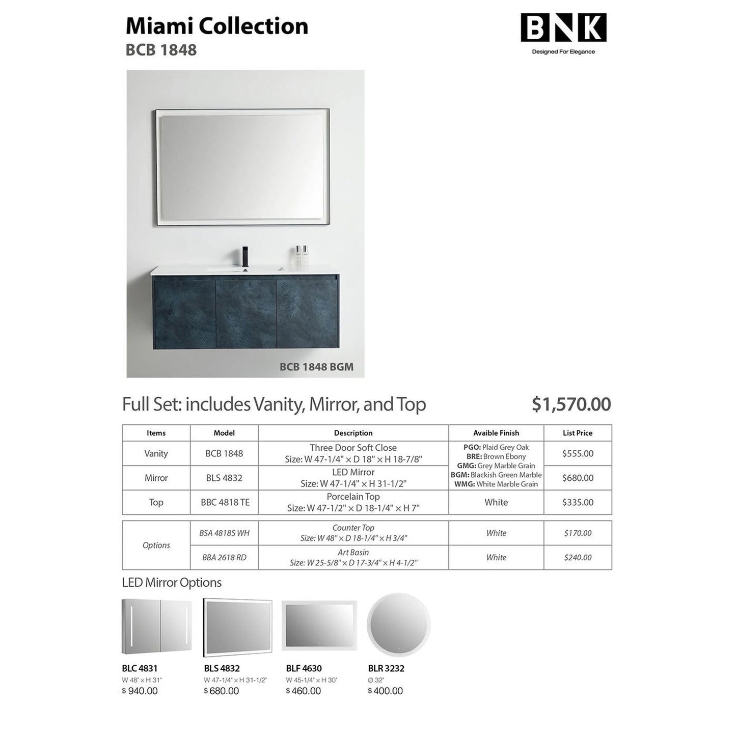 BNK BCB1848BGM Miami Blackish Green Mable Vanity Only Three-Door Soft Close