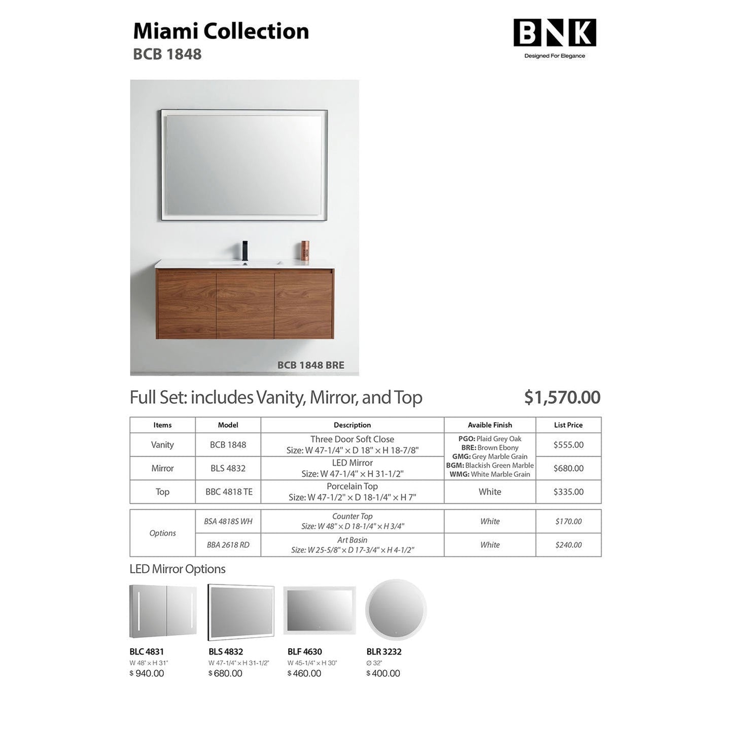 BNK BCB1848BRE Miami Brown Ebony Vanity Only Three-Door Soft Close