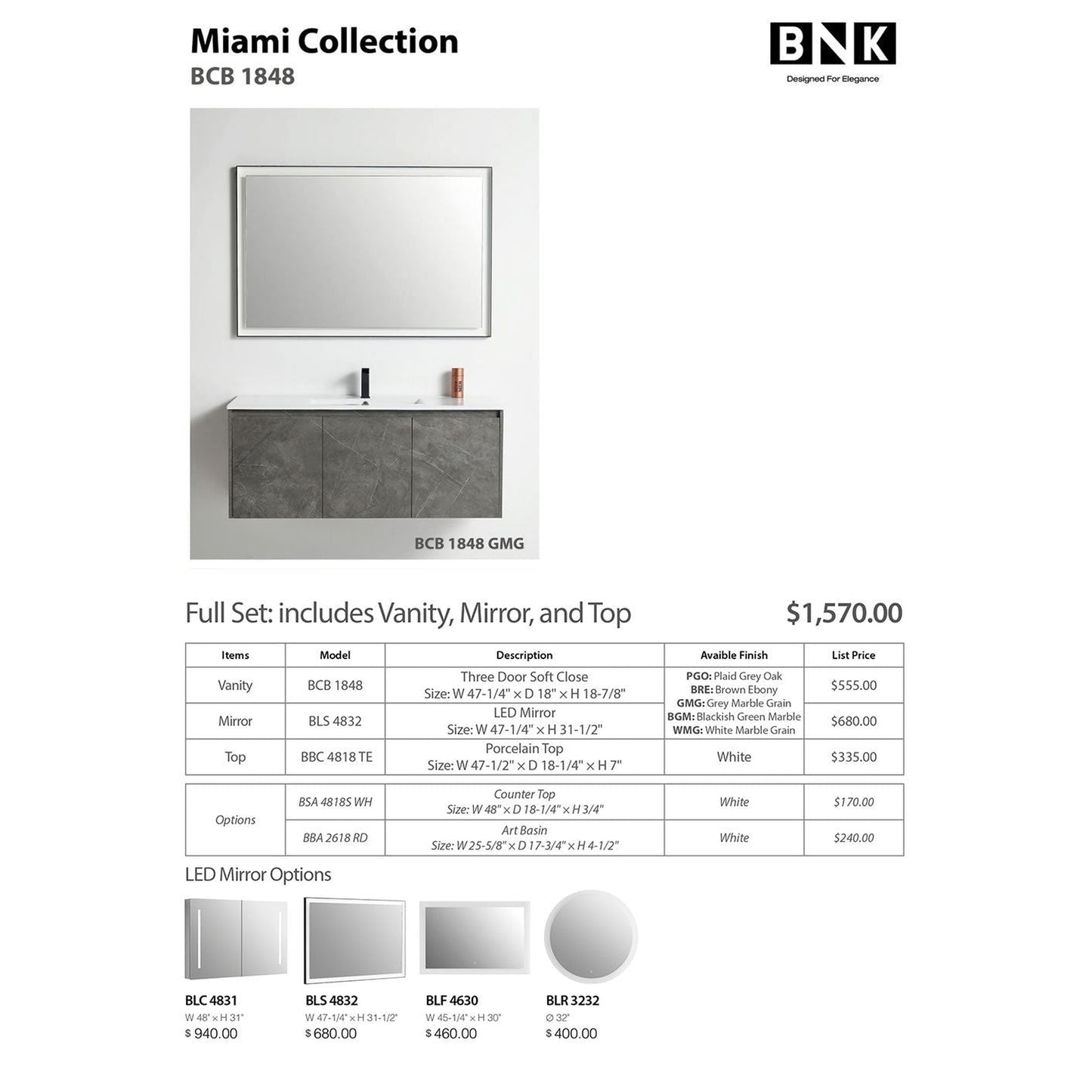 BNK BCB1848GMG Miami Grey Mable Grain Vanity Only Three-Door Soft Close