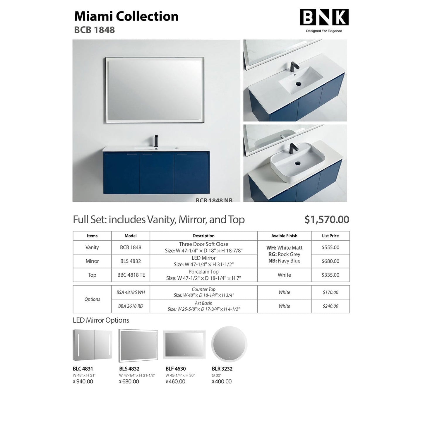 BNK BCB1848NB Miami Navy Blue Vanity Only Three-Door Soft Close
