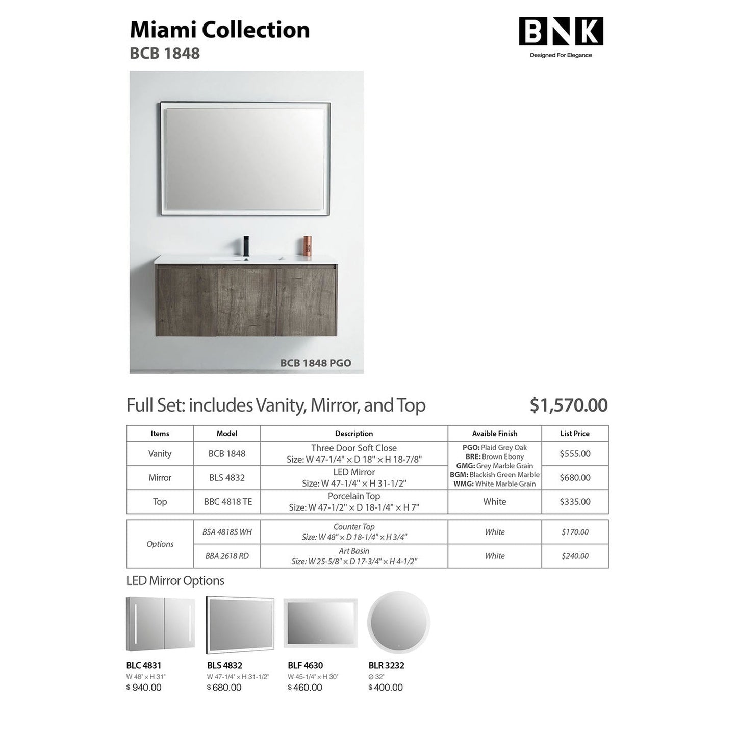 BNK BCB1848PGO Miami Plaid Grey Oak Vanity Only Three-Door Soft Close