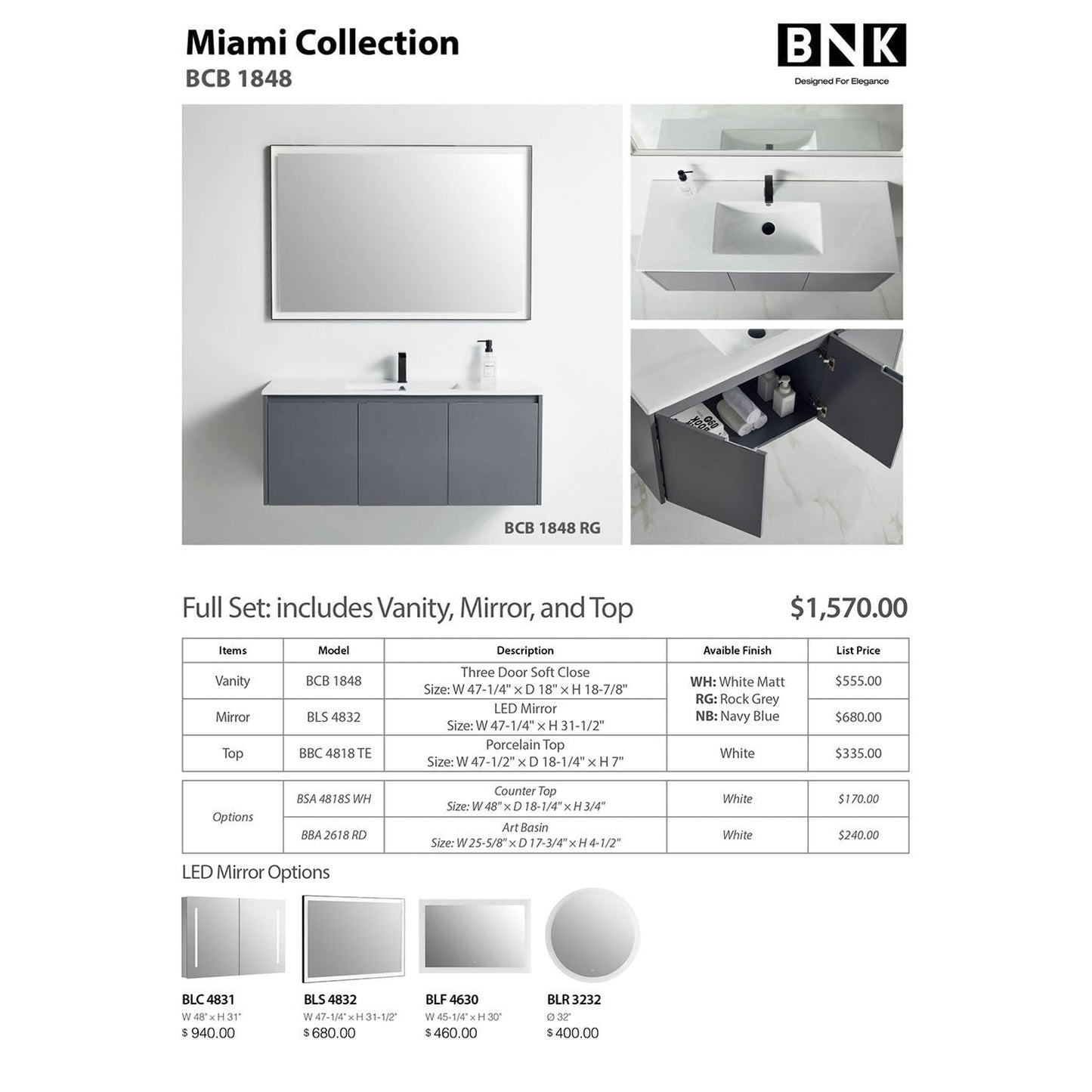 BNK BCB1848RG Miami Rock Grey Vanity Only Three-Door Soft Close