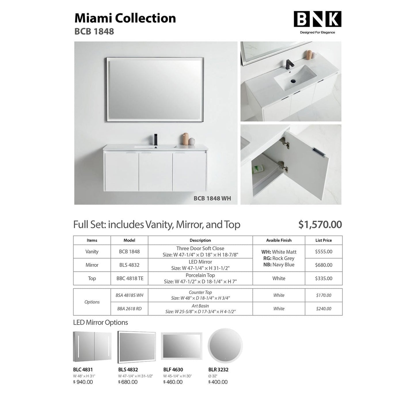 BNK BCB1848WH Miami White Matt Vanity Only Three-Door Soft Close