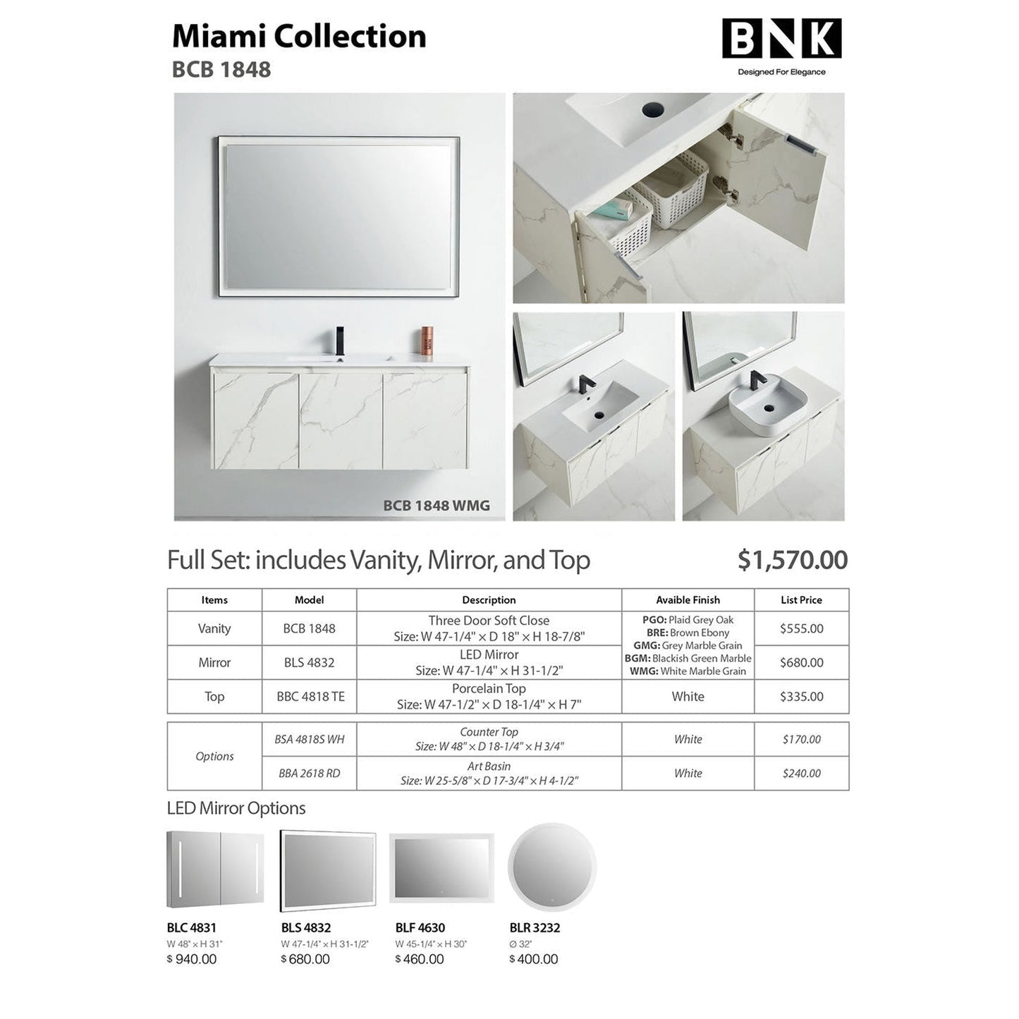 BNK BCB1848WMG Miami White Mable Grain Vanity Only Three-Door Soft Close
