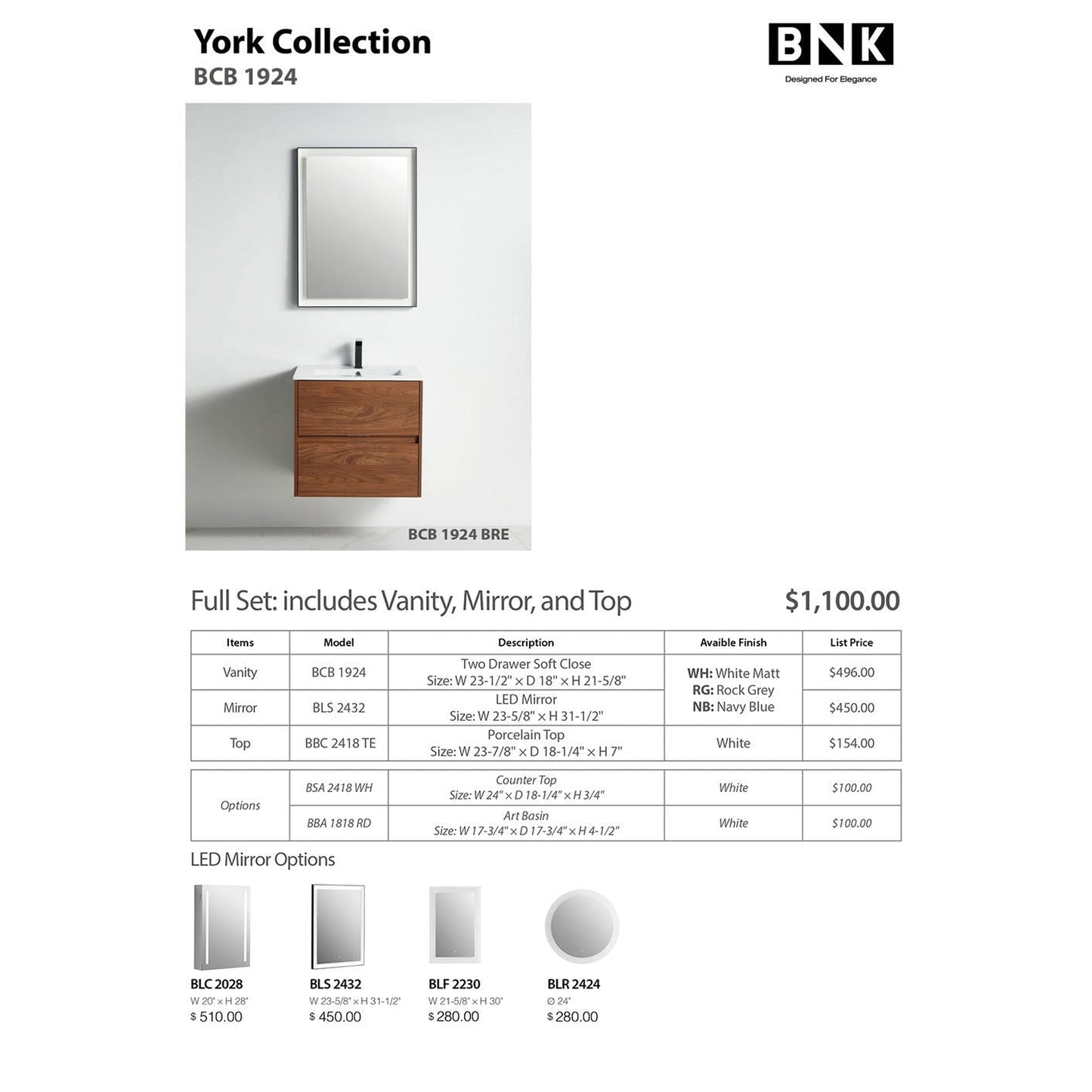 BNK BCB1924BRE York Brown Ebony Vanity Only Two Drawer Soft Close