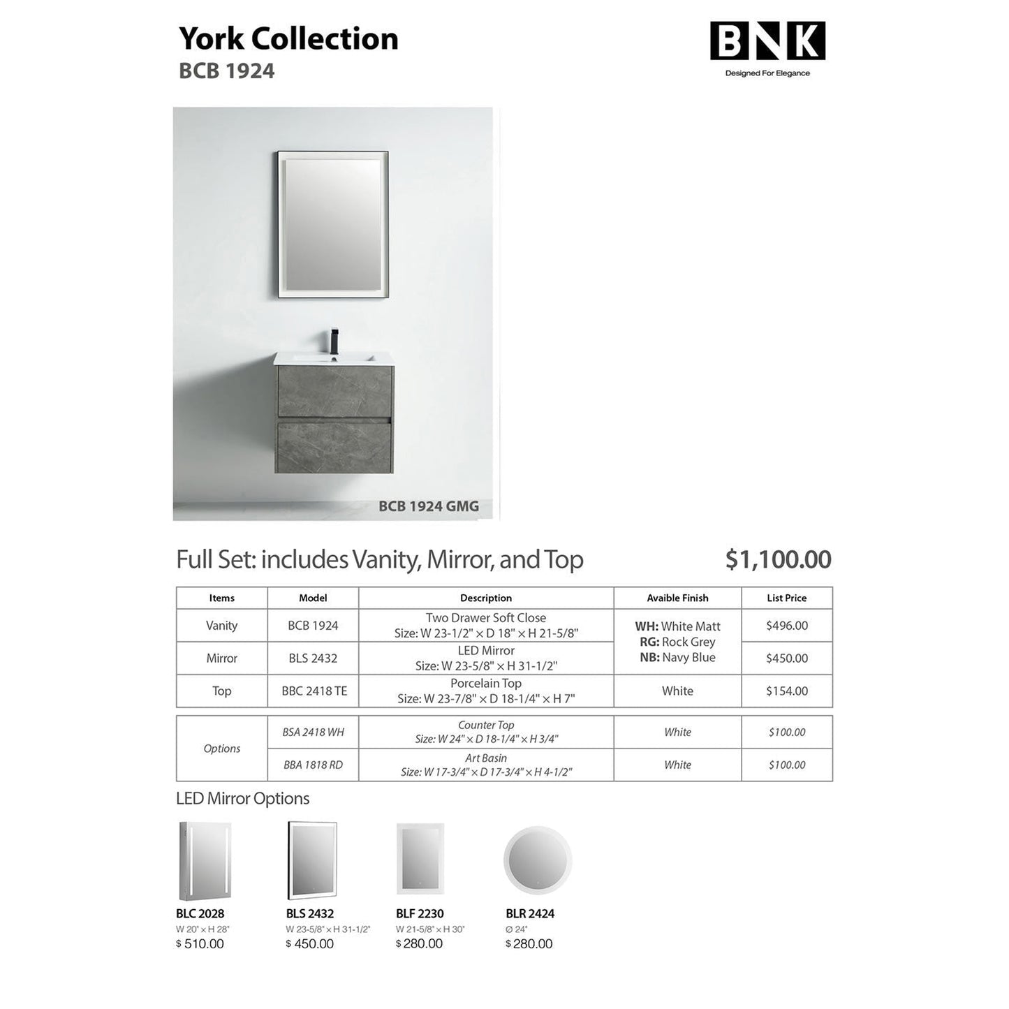 BNK BCB1924GMG York Grey Mable Grain Vanity Only Two Drawer Soft Close