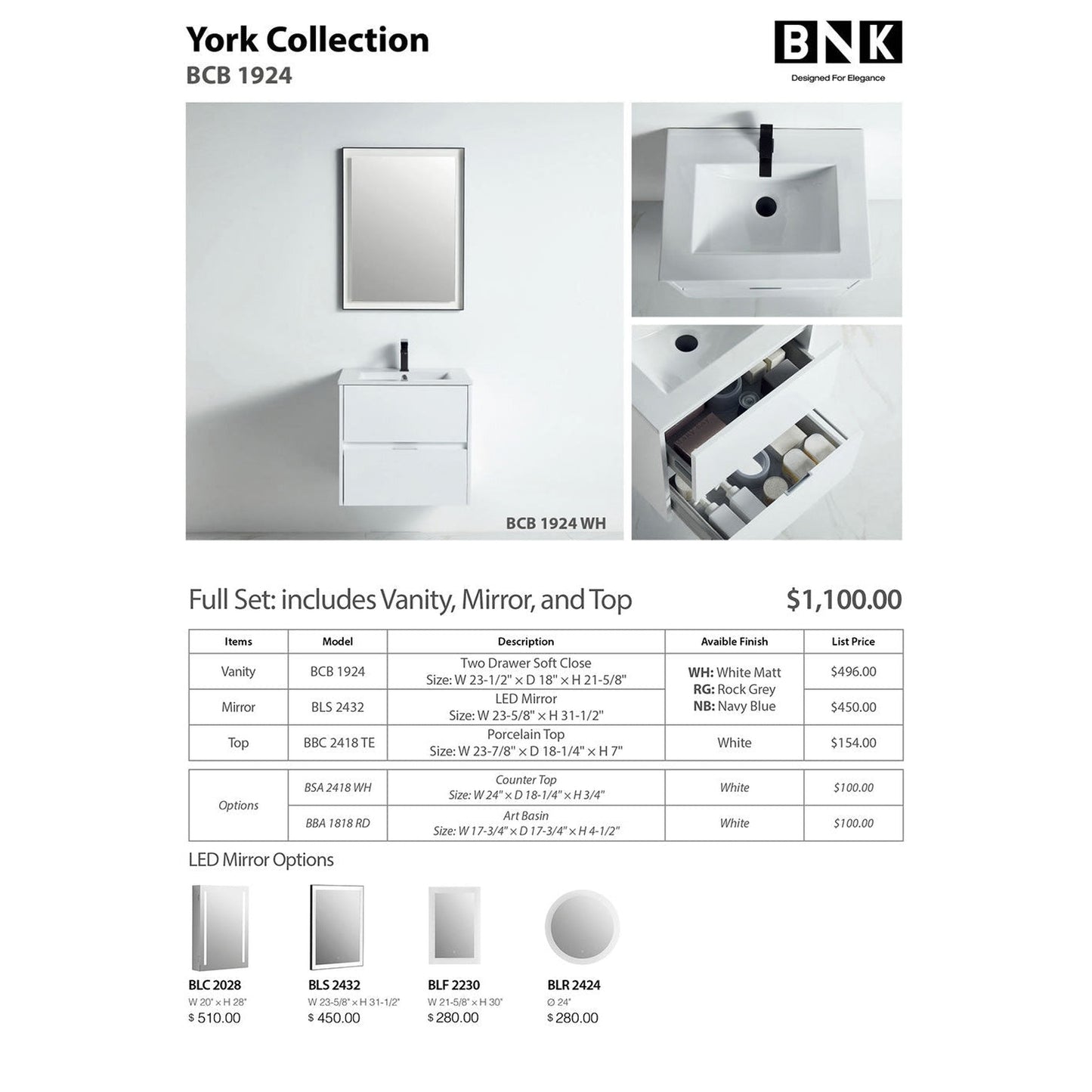 BNK BCB1924WH York White Matt Vanity Only Two Drawer Soft Close