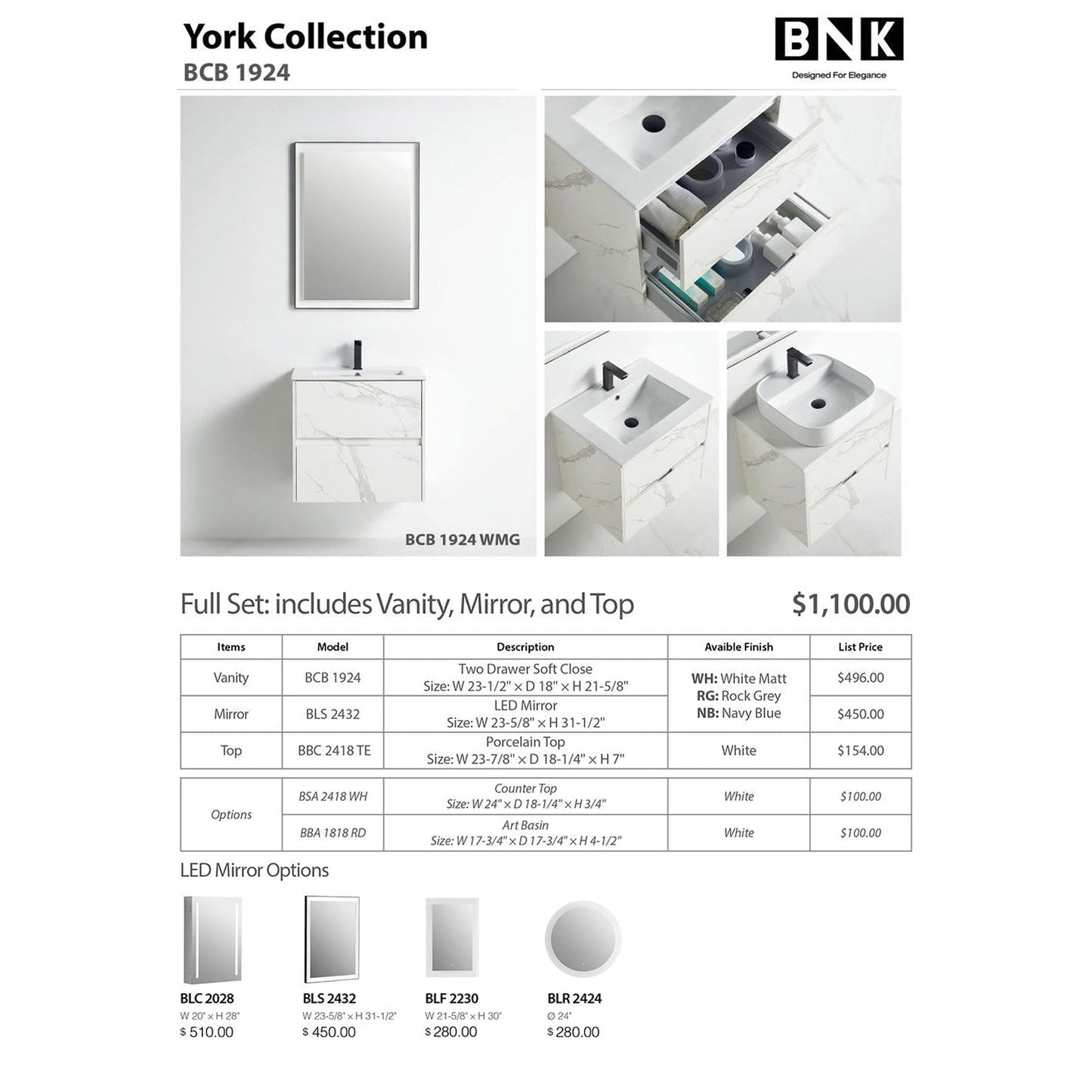 BNK BCB1924WMG York White Mable Grain Vanity Only Two Drawer Soft Close