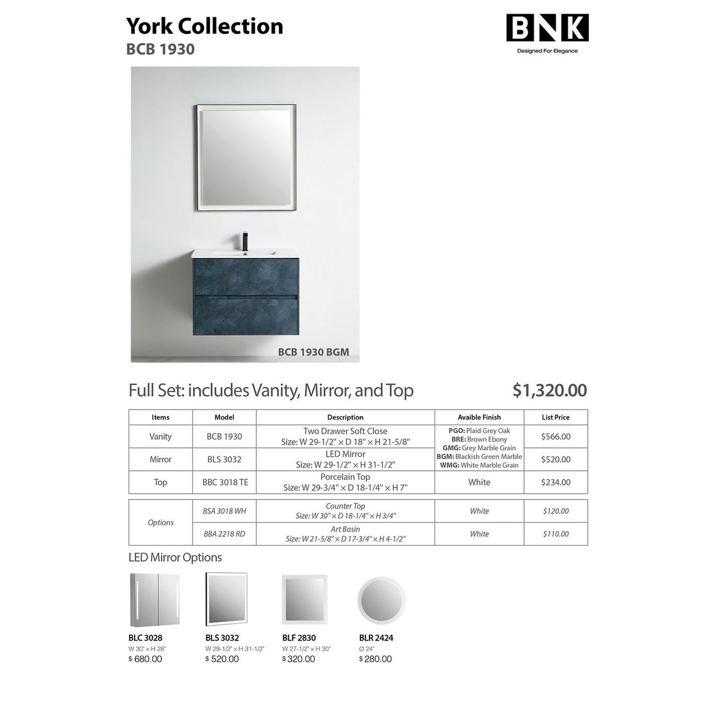 BNK BCB1930BGM York Blackish Green Mable Vanity Only Two Drawer Soft Close