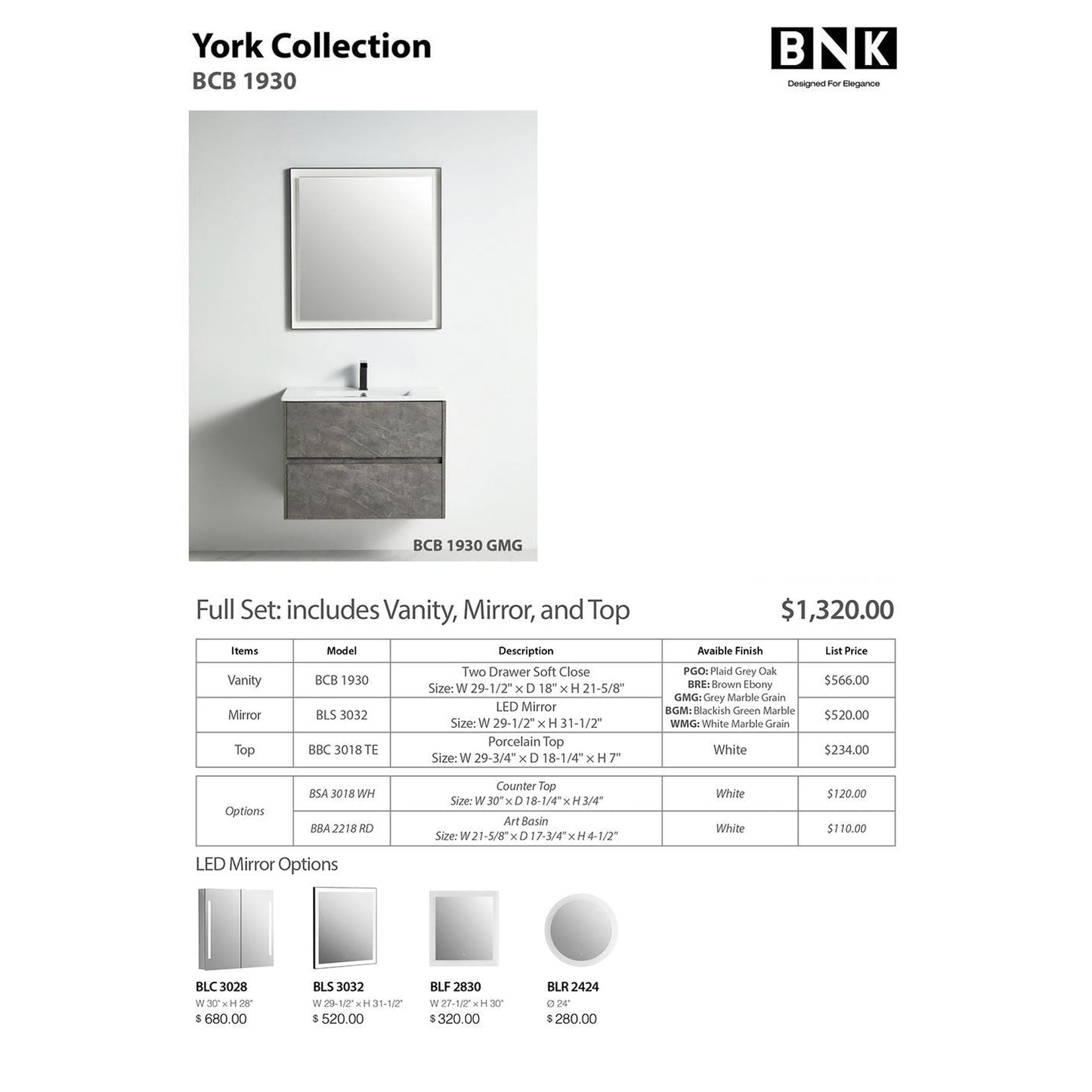 BNK BCB1930GMG York Grey Mable Grain Vanity Only Two Drawer Soft Close