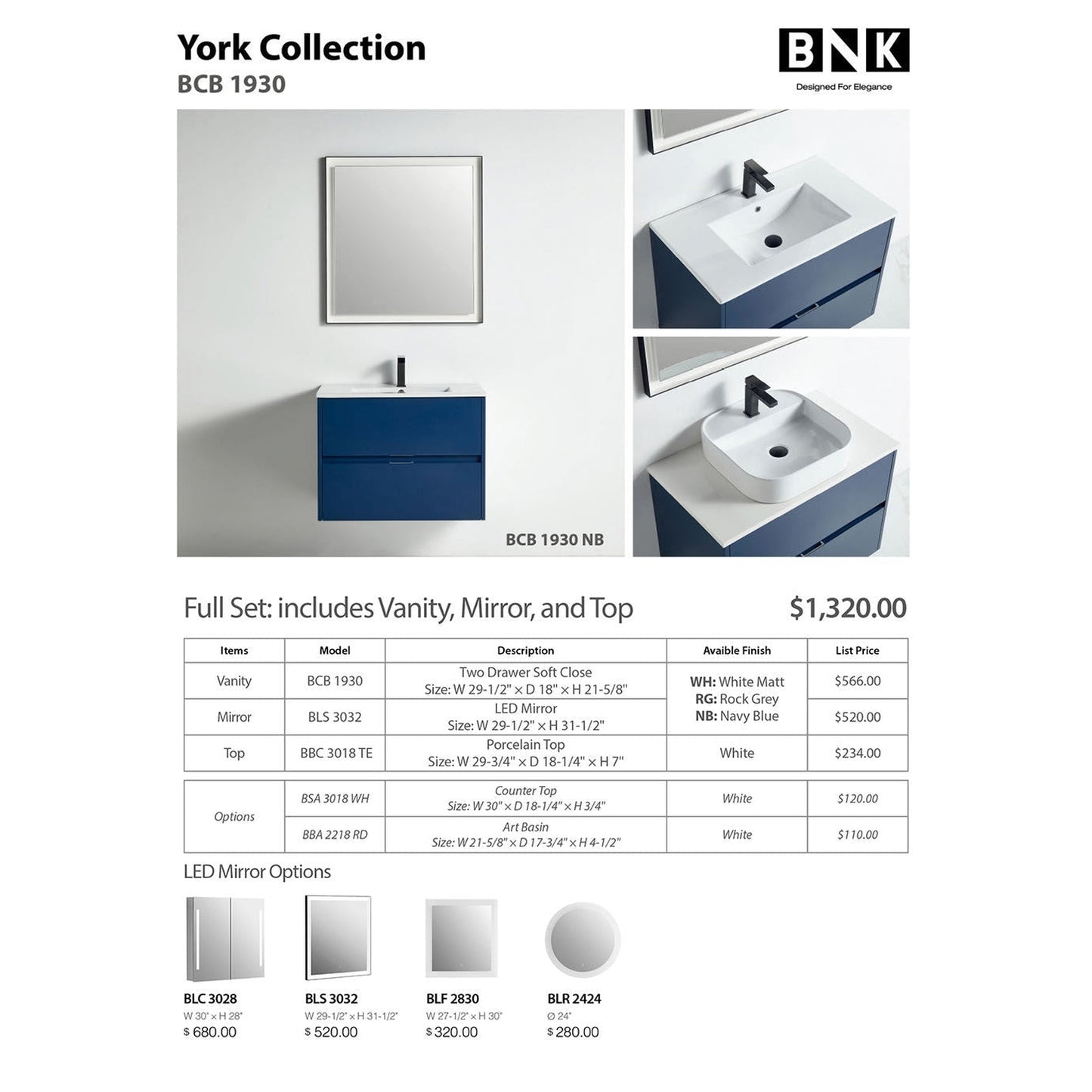 BNK BCB1930NB York Navy Blue Vanity Only Two Drawer Soft Close