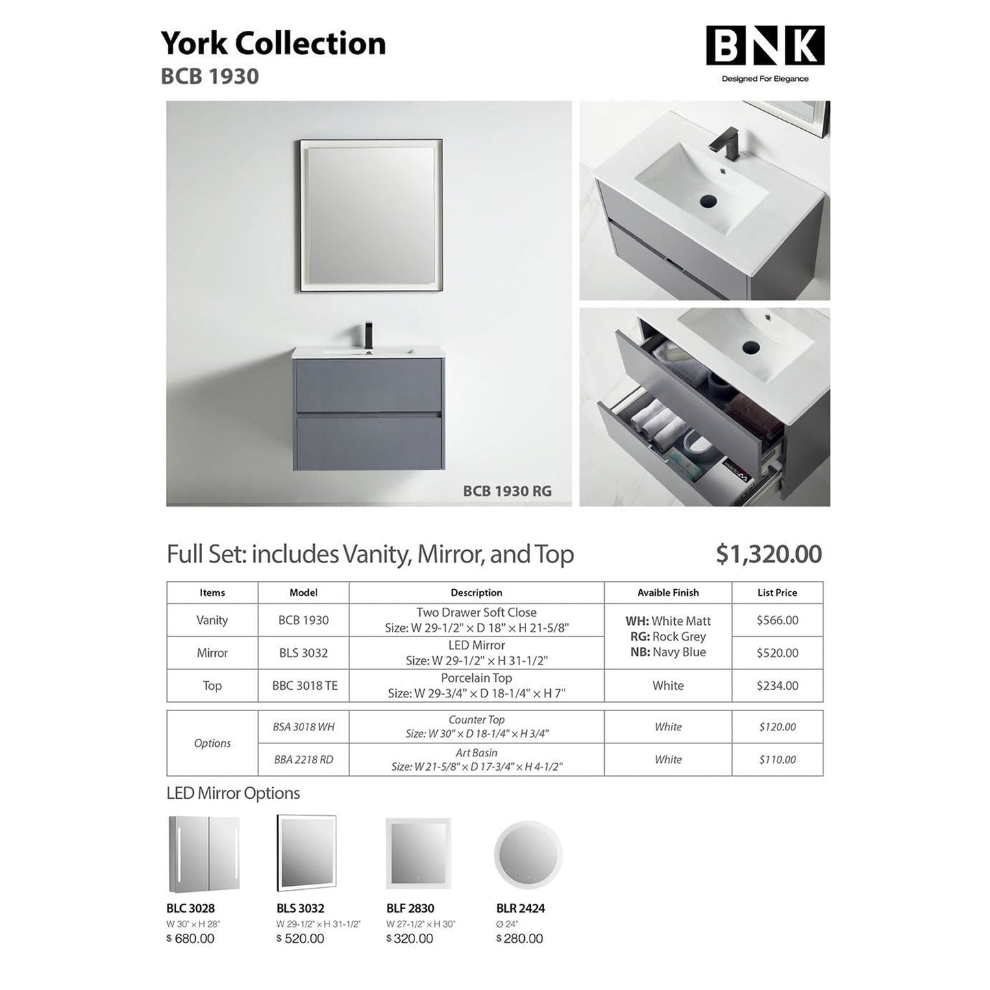 BNK BCB1930RG York Rock Grey Vanity Only Two Drawer Soft Close