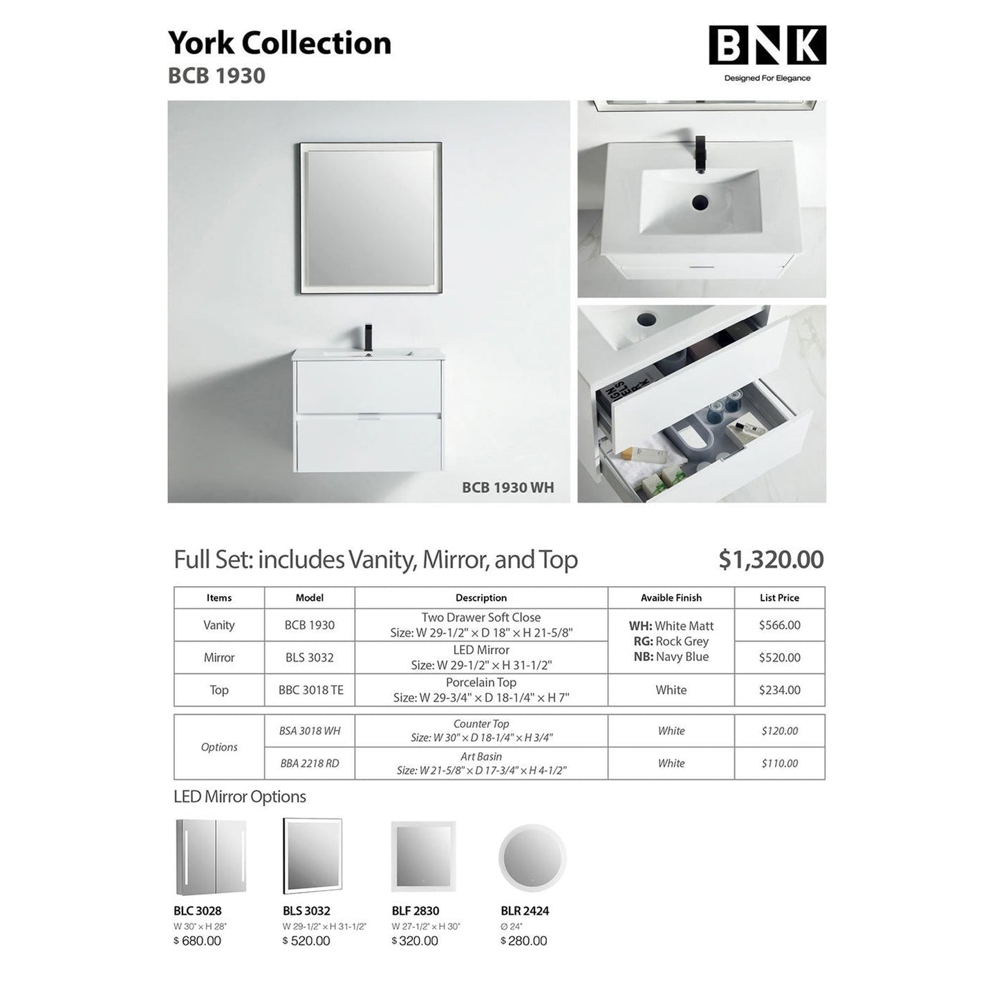 BNK BCB1930WH York White Matt Vanity Only Two Drawer Soft Close