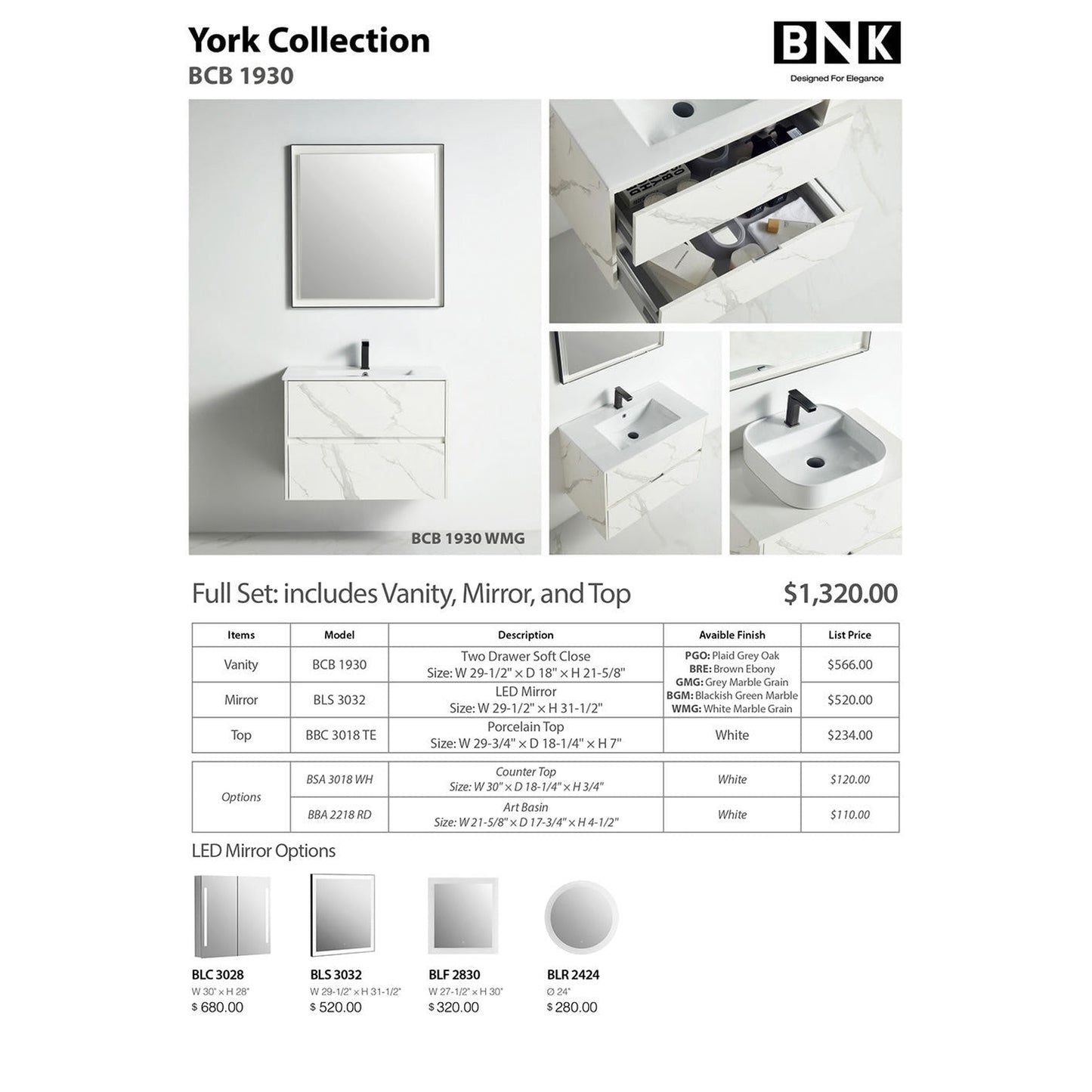 BNK BCB1930WMG York White Mable Grain Vanity Only Two Drawer Soft Close