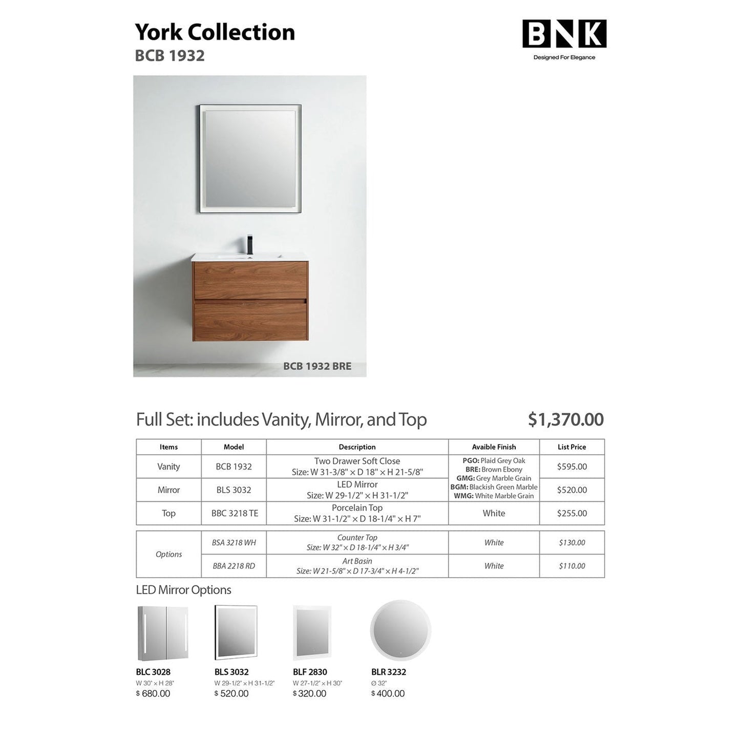 BNK BCB1932BRE York Brown Ebony Vanity Only Two Drawer Soft Close