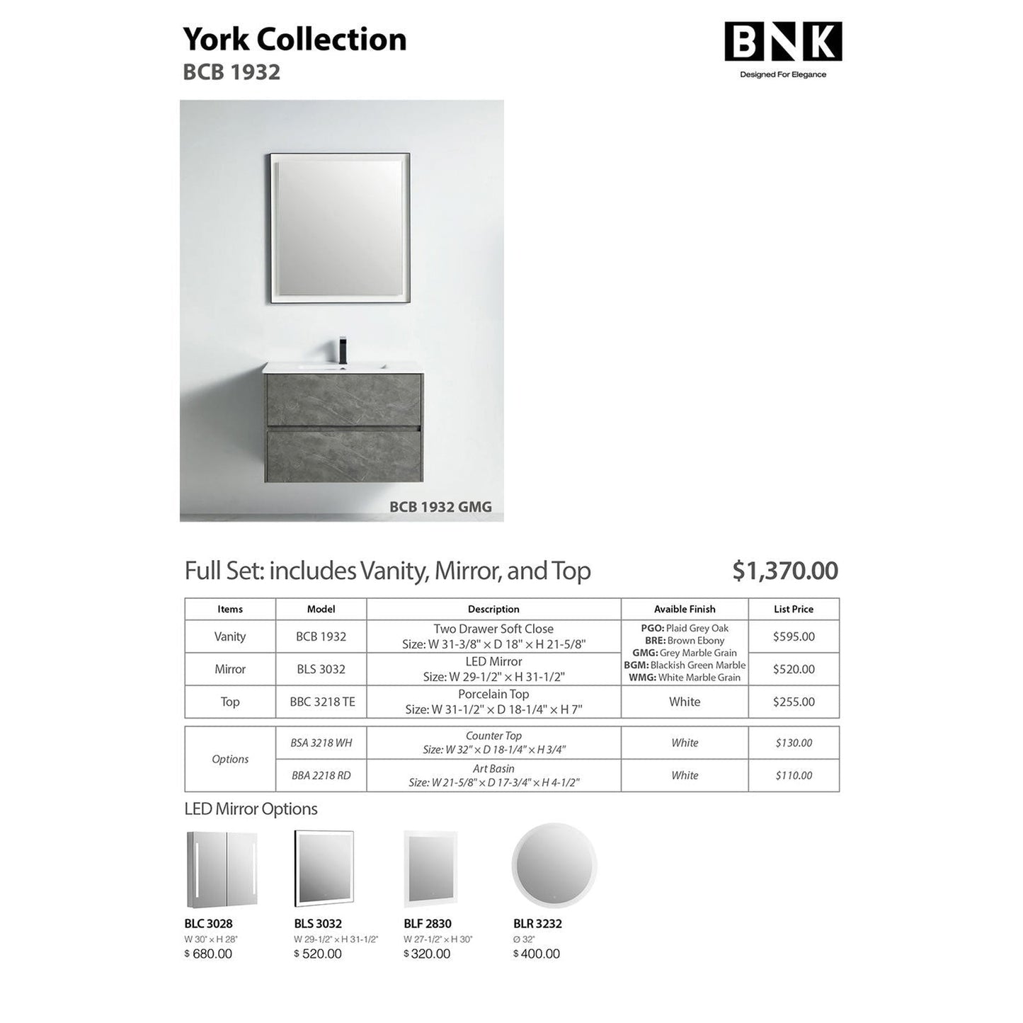 BNK BCB1932GMG York Grey Mable Grain Vanity Only Two Drawer Soft Close