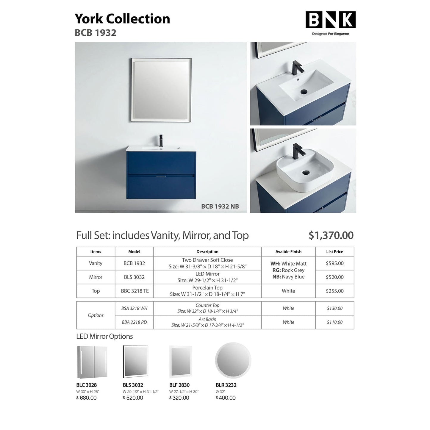 BNK BCB1932NB York Navy Blue Vanity Only Two Drawer Soft Close