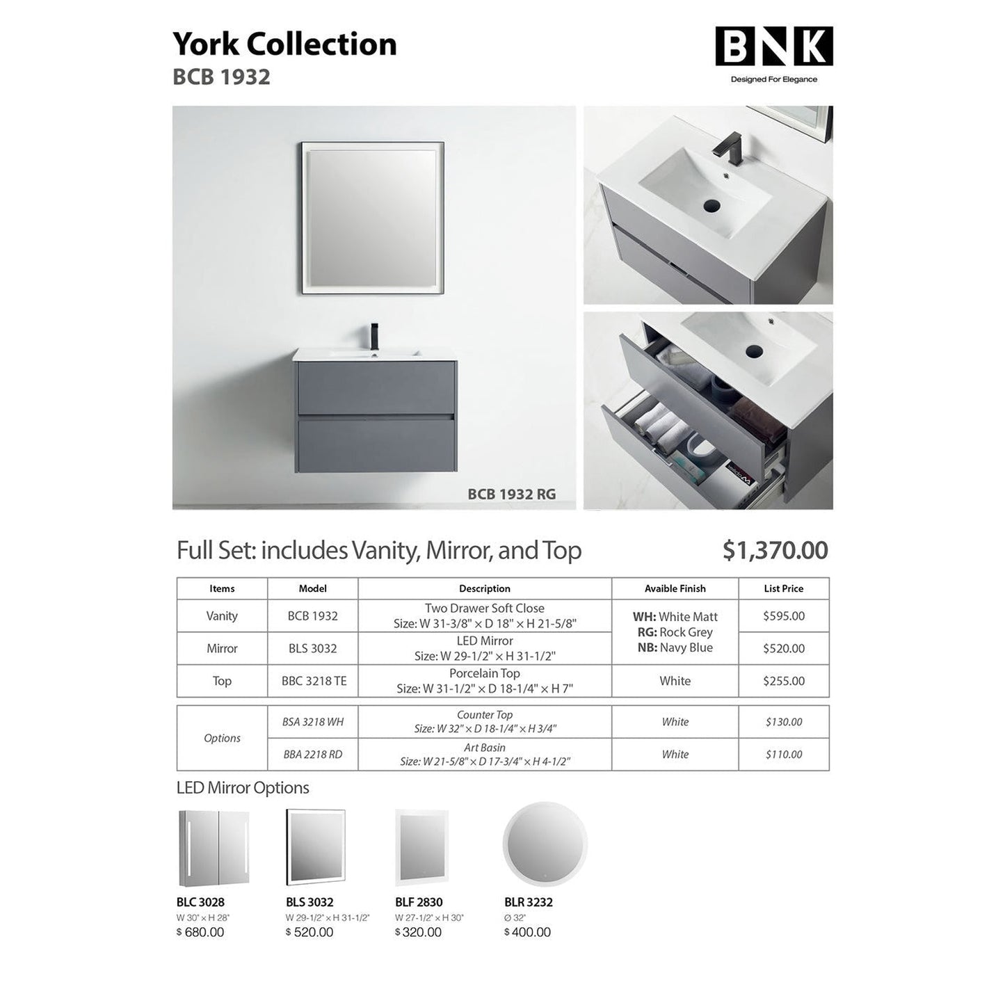 BNK BCB1932RG York Rock Grey Vanity Only Two Drawer Soft Close