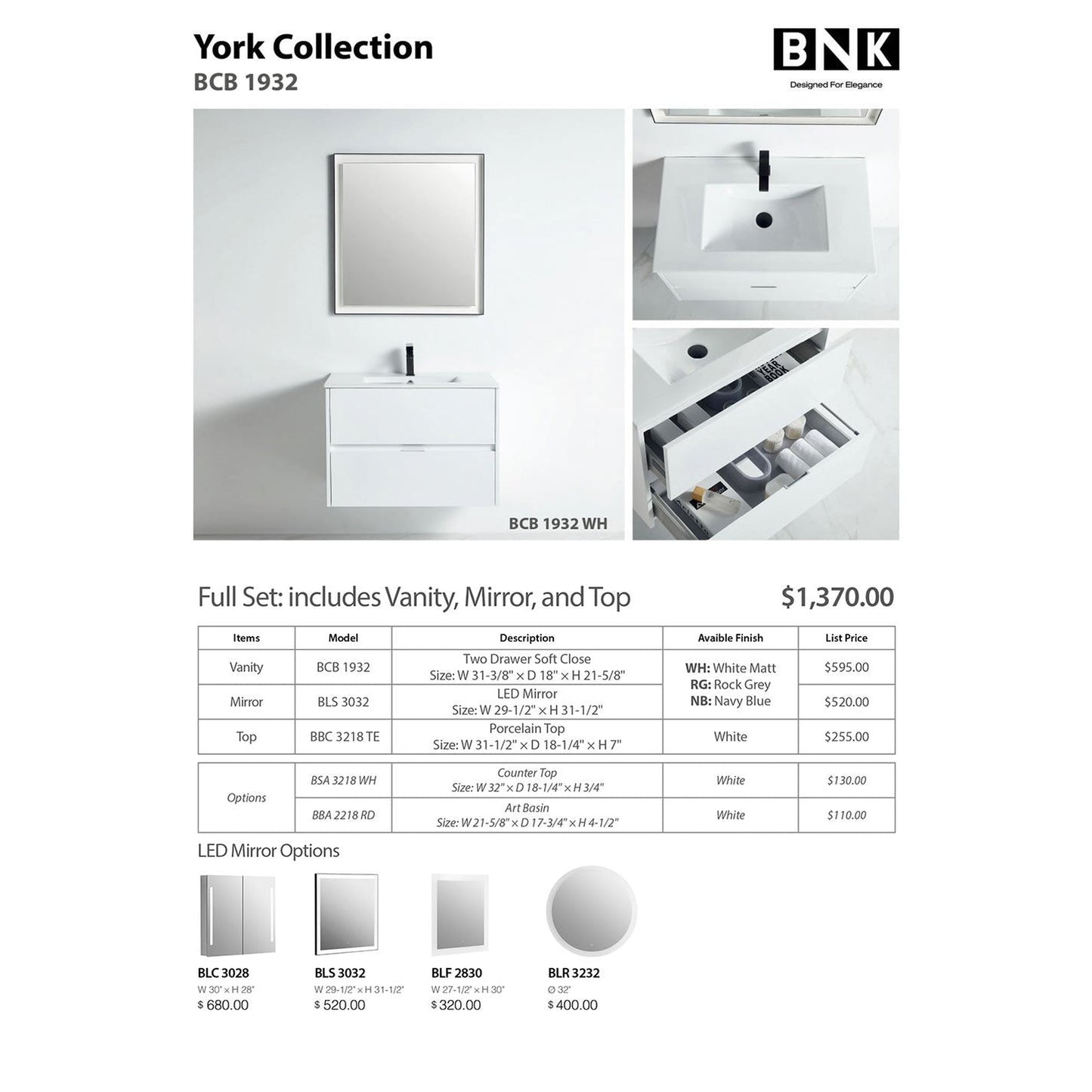 BNK BCB1932WH York White Matt Vanity Only Two Drawer Soft Close