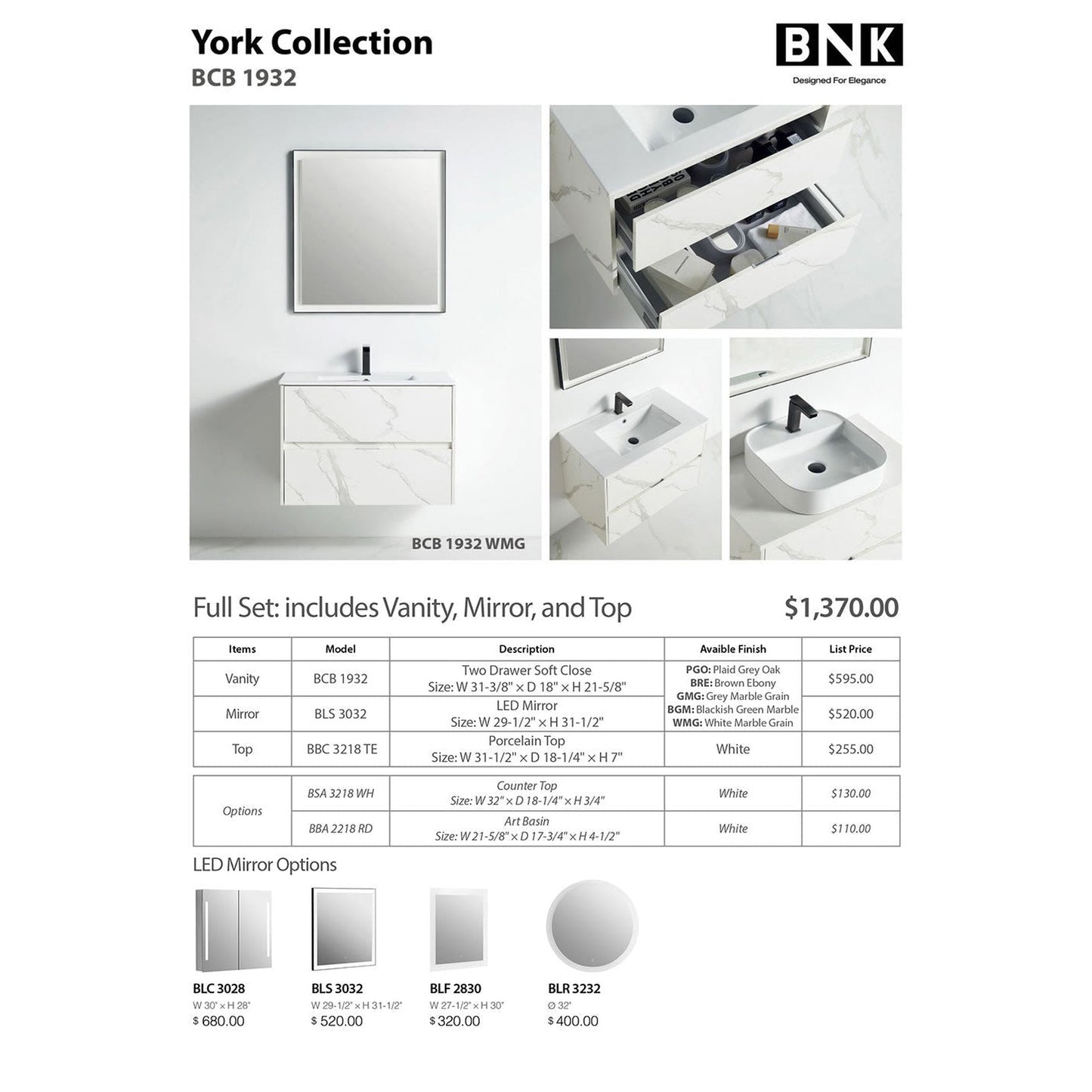 BNK BCB1932WMG York White Mable Grain Vanity Only Two Drawer Soft Close