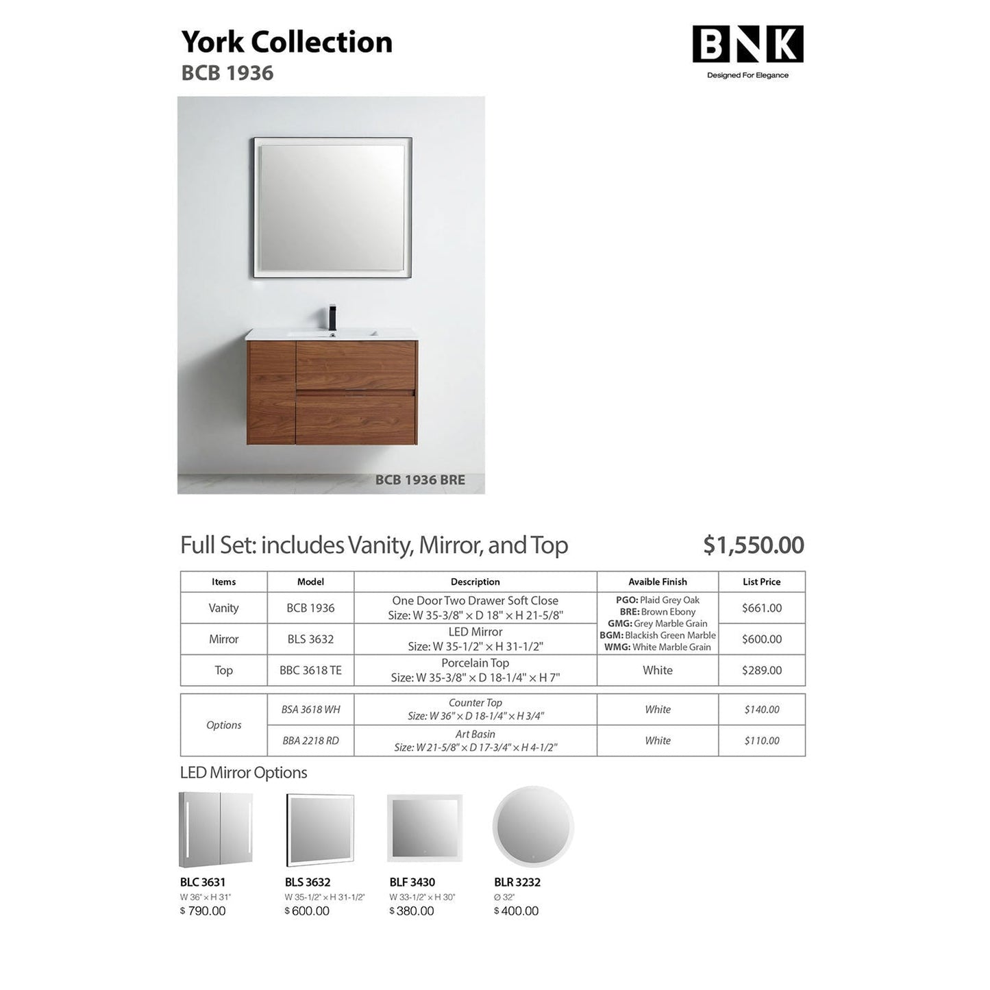 BNK BCB1936BRE York Brown Ebony Vanity Only One-Door Two Drawer Soft Close