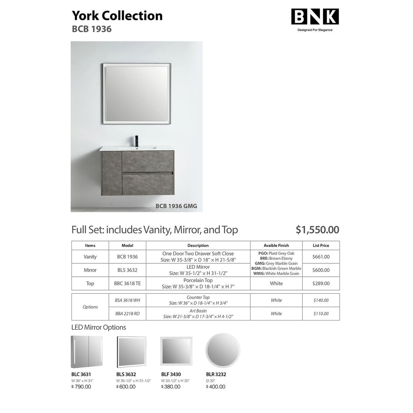 BNK BCB1936GMG York Grey Mable Grain Vanity Only One-Door Two Drawer Soft Close