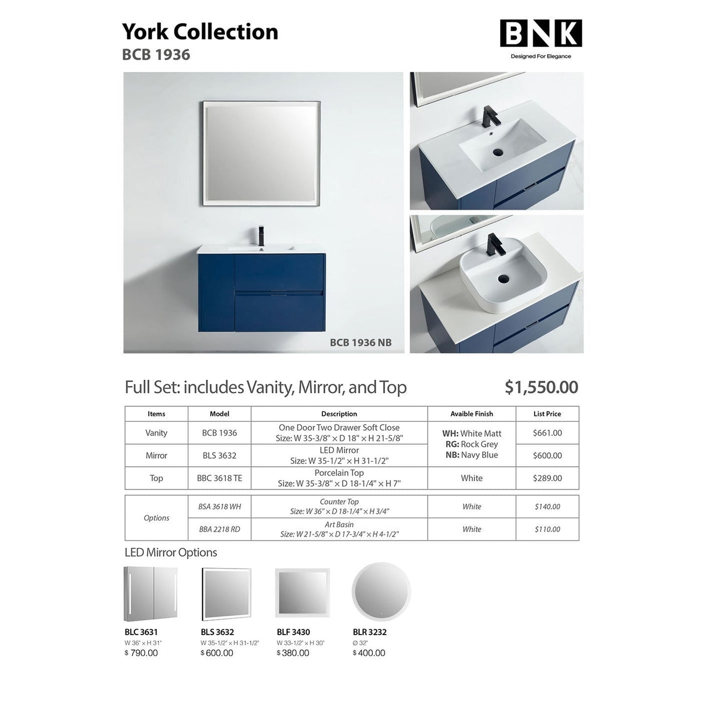 BNK BCB1936NB York Navy Blue Vanity Only One-Door Two Drawer Soft Close