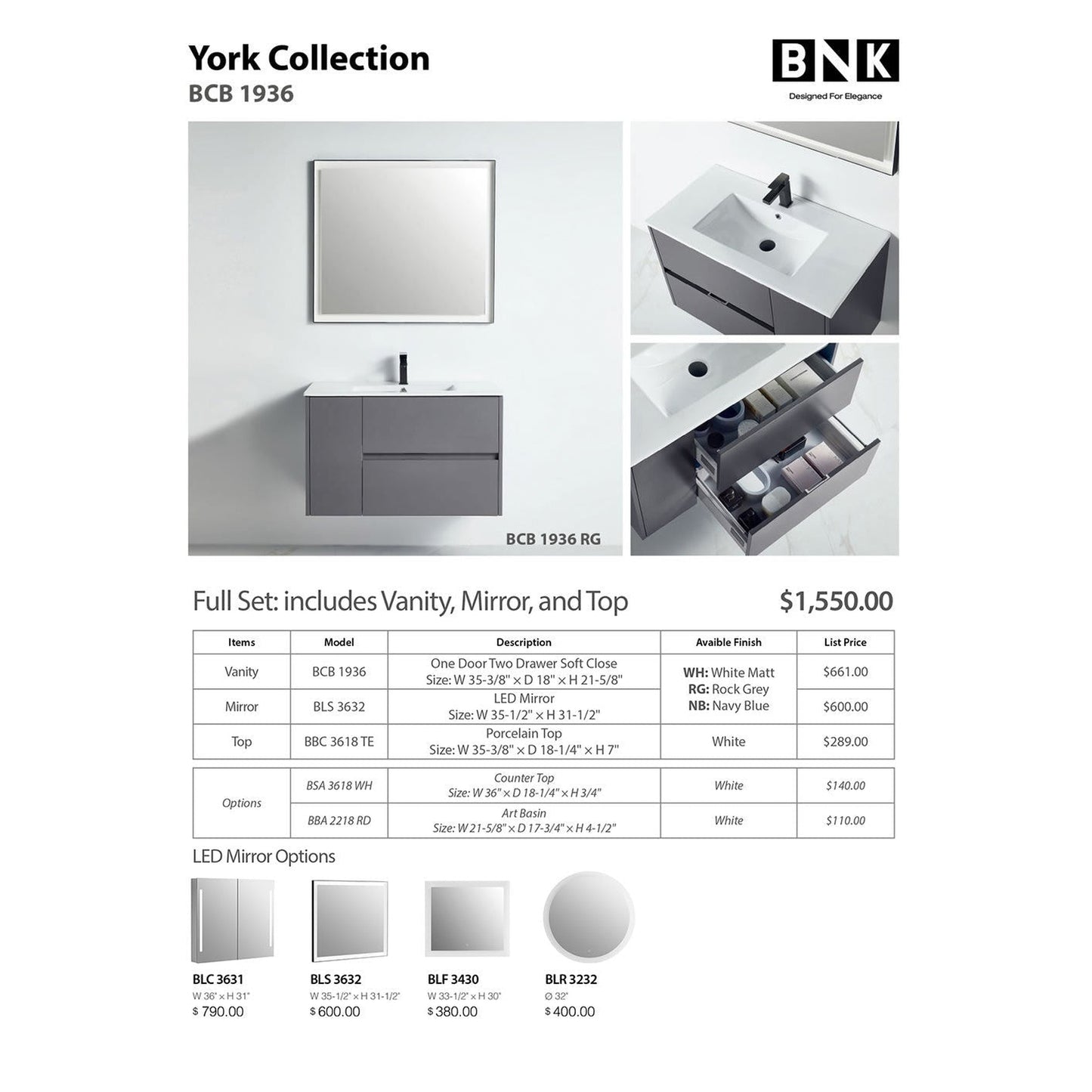 BNK BCB1936RG York Rock Grey Vanity Only One-Door Two Drawer Soft Close