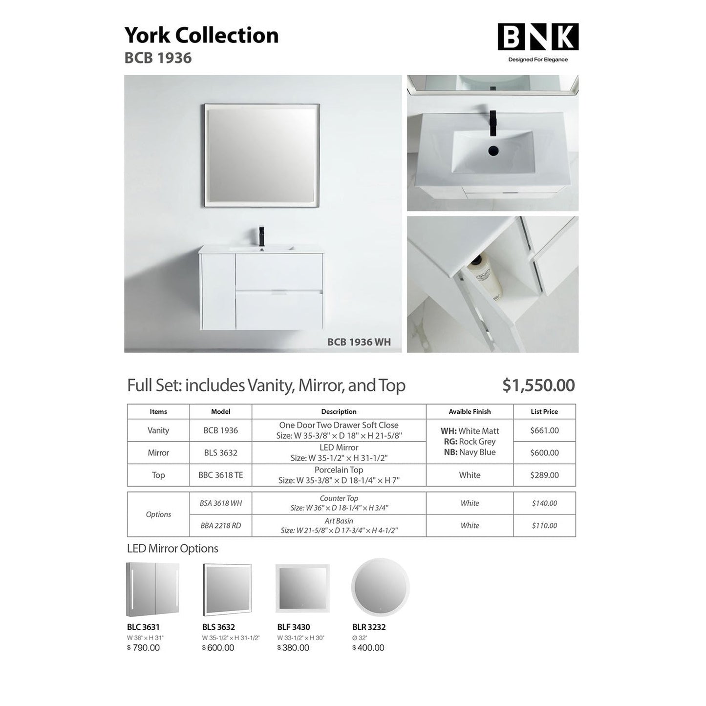 BNK BCB1936WH York White Matt Vanity Only One-Door Two Drawer Soft Close