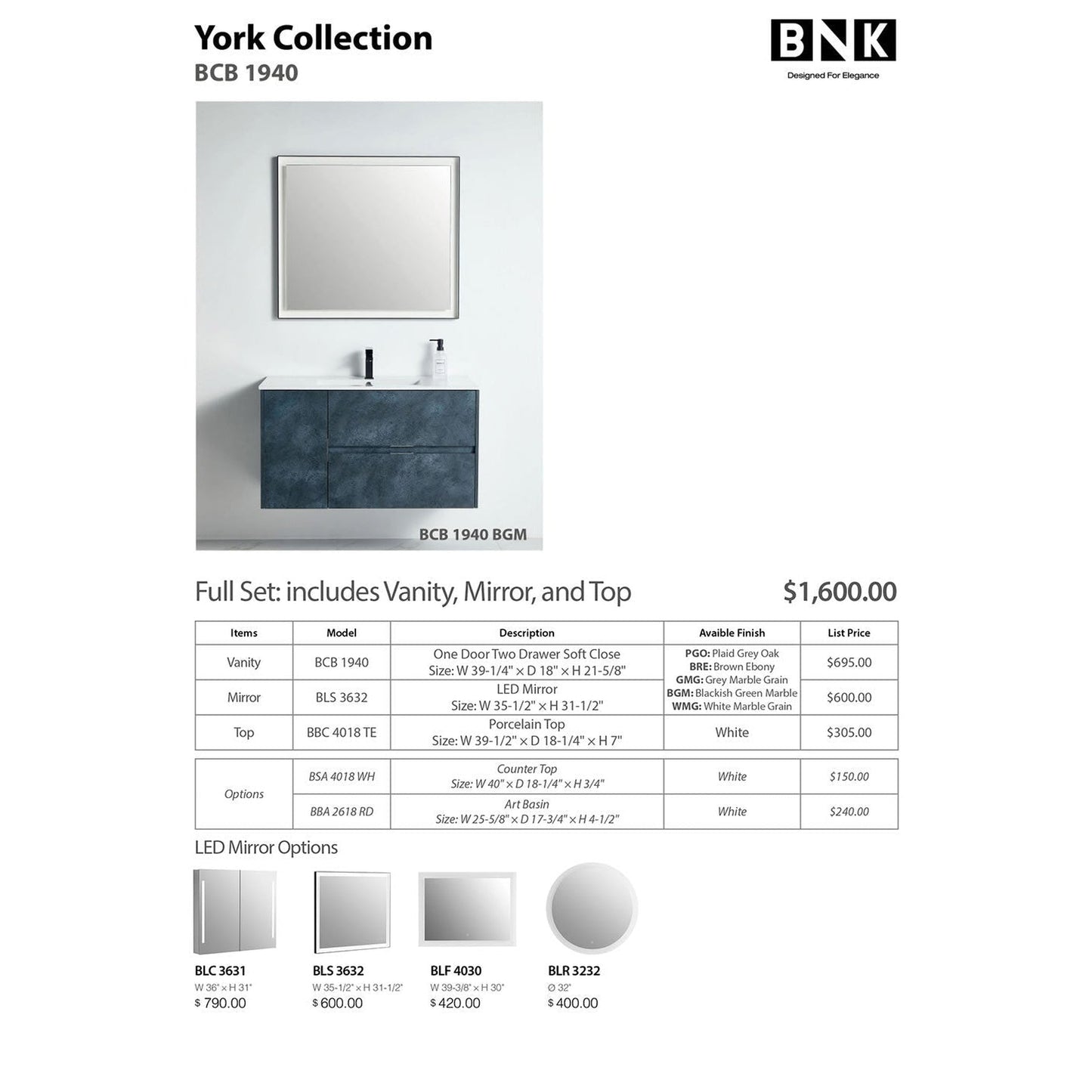 BNK BCB1940BGM York Blackish Green Mable Vanity Only One-Door Two Drawer Soft Close