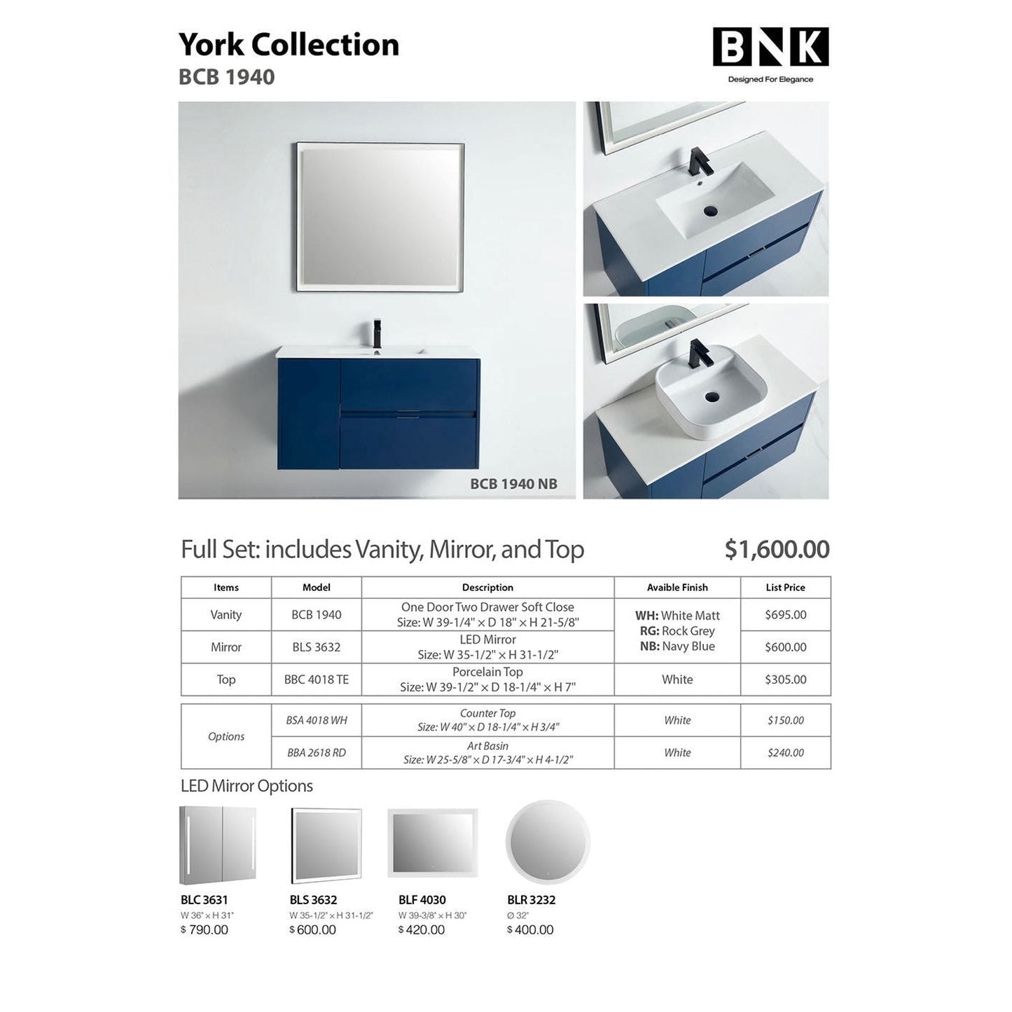 BNK BCB1940NB York Navy Blue Vanity Only One-Door Two Drawer Soft Close