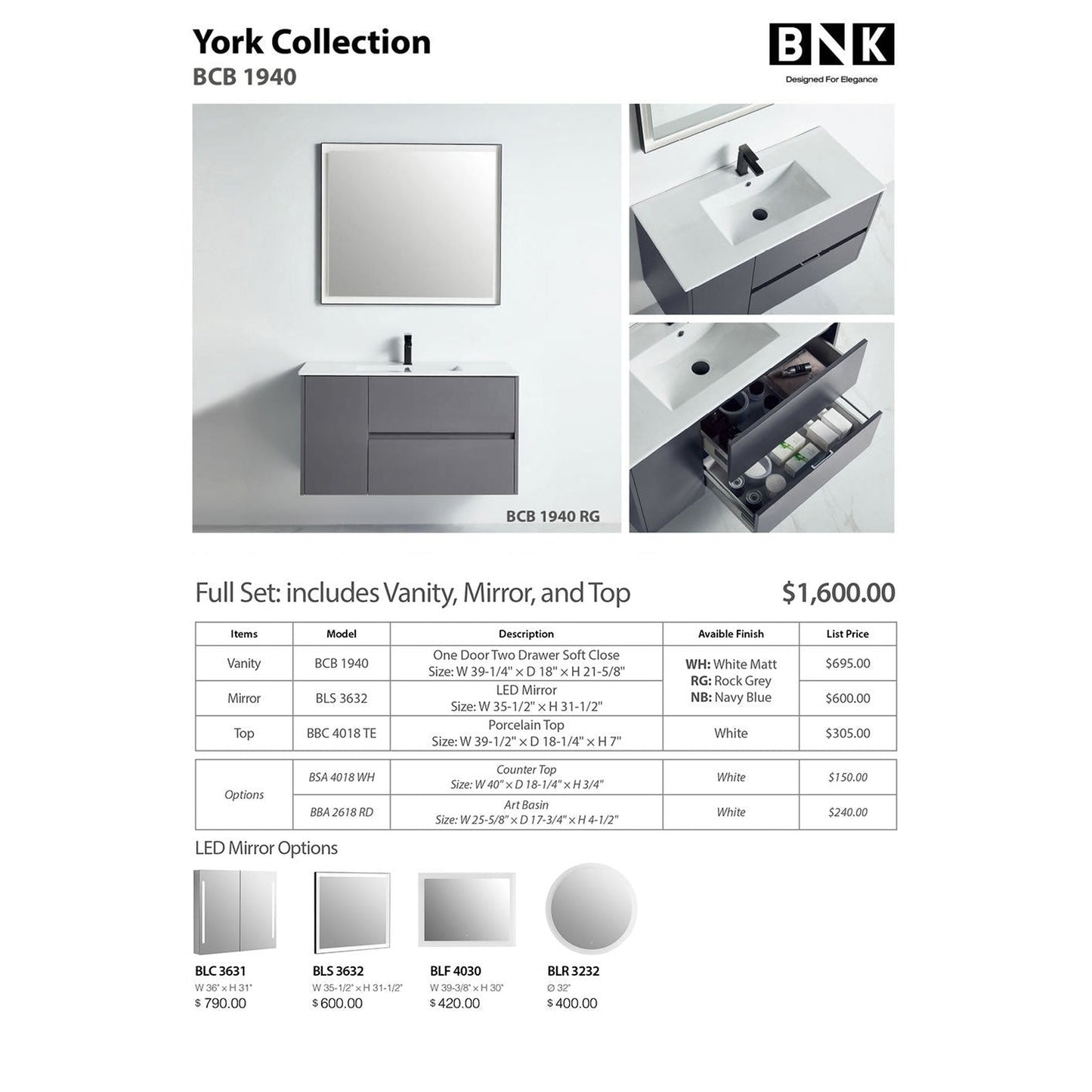 BNK BCB1940RG York Rock Grey Vanity Only One-Door Two Drawer Soft Close