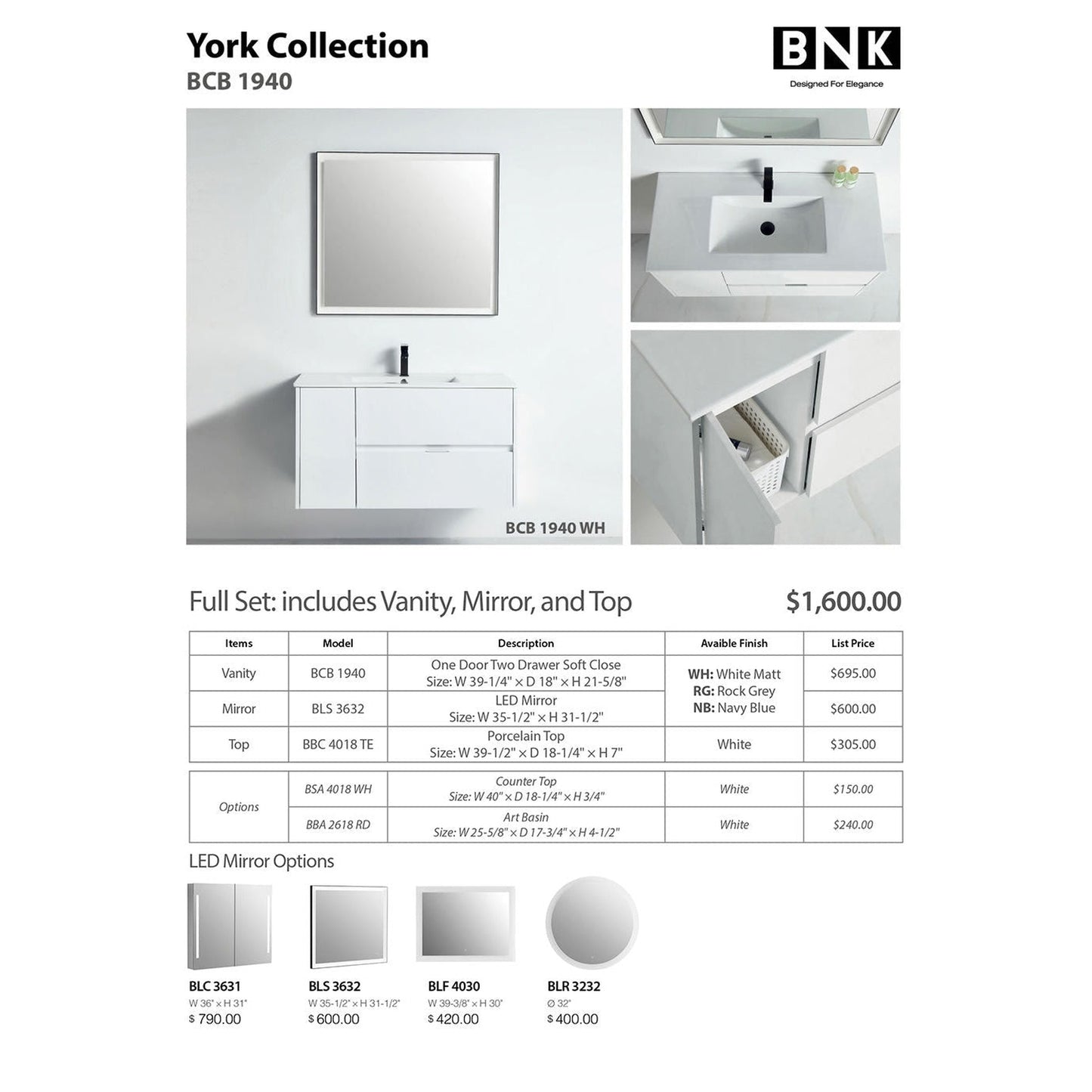 BNK BCB1940WH York White Matt Vanity Only One-Door Two Drawer Soft Close