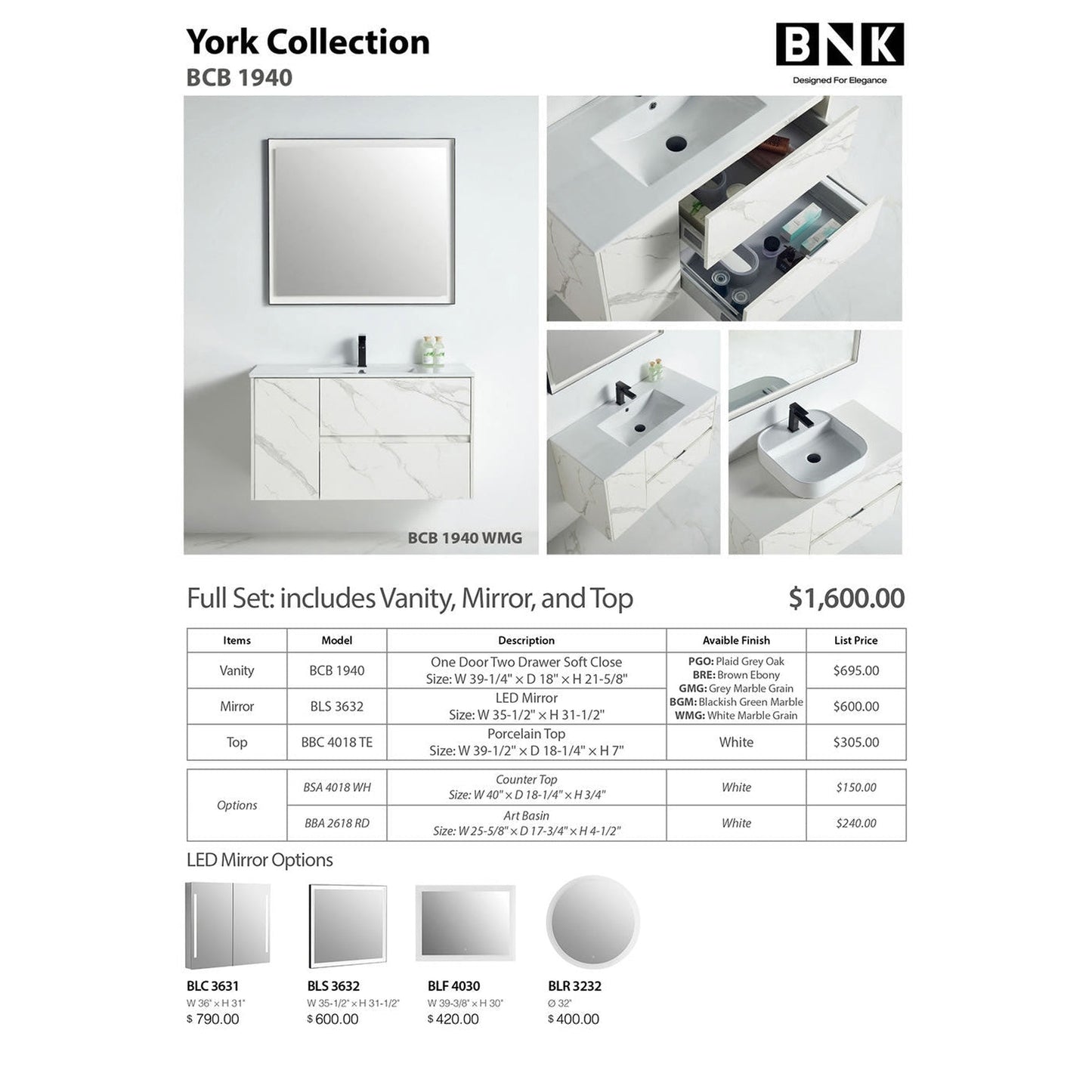 BNK BCB1940WMG York White Mable Grain Vanity Only One-Door Two Drawer Soft Close
