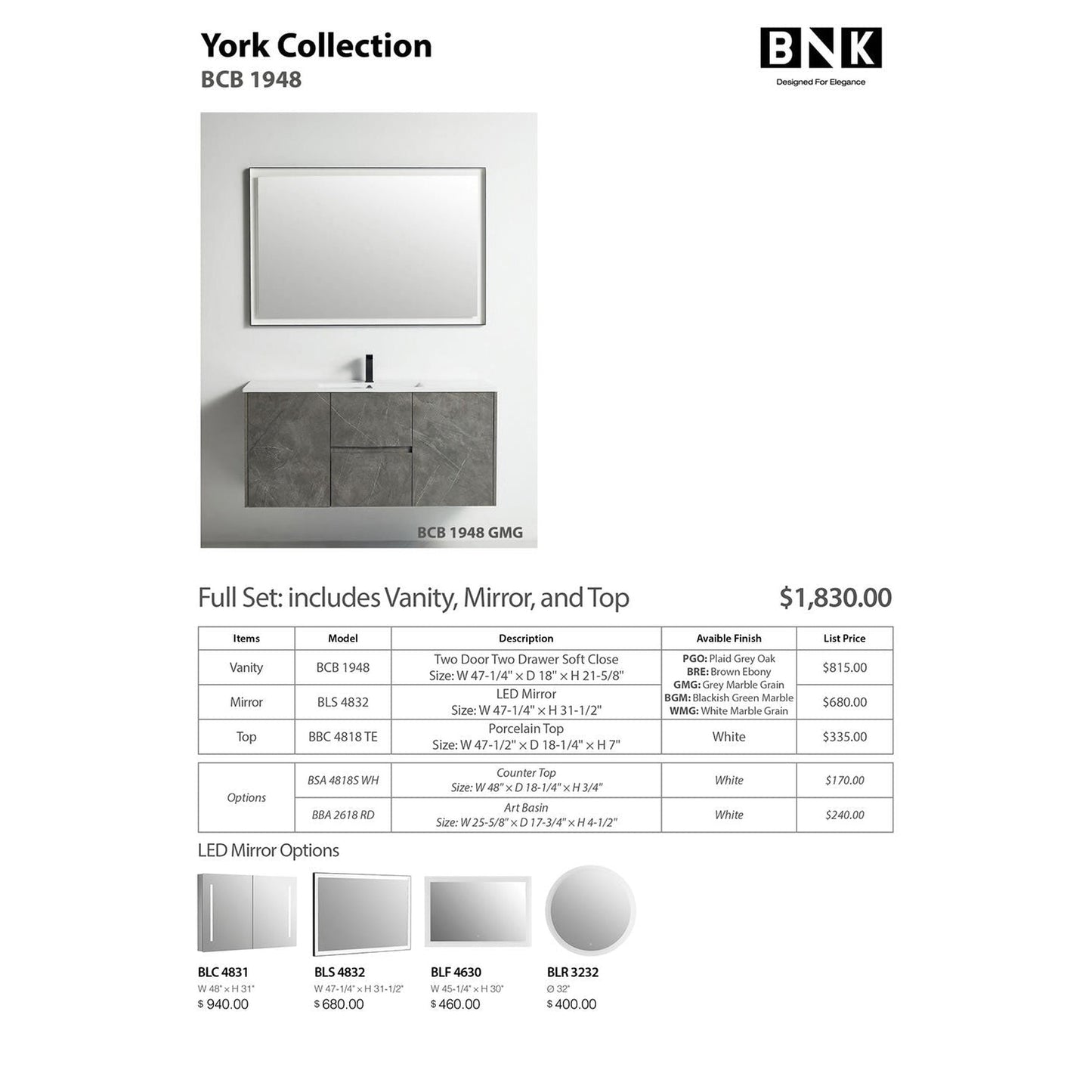 BNK BCB1948GMG York Grey Mable Grain Vanity Only Two-Door Two Drawer Soft Close