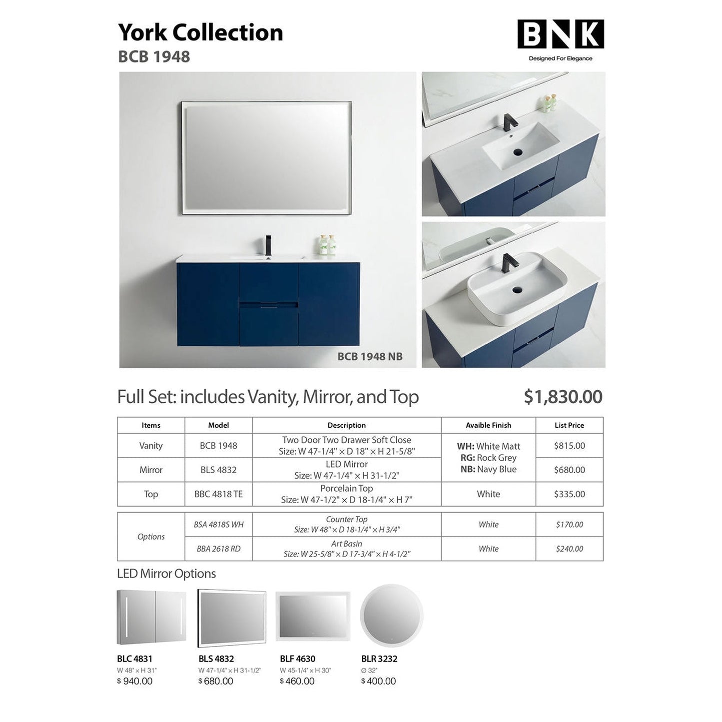 BNK BCB1948NB York Navy Blue Vanity Only Two-Door Two Drawer Soft Close