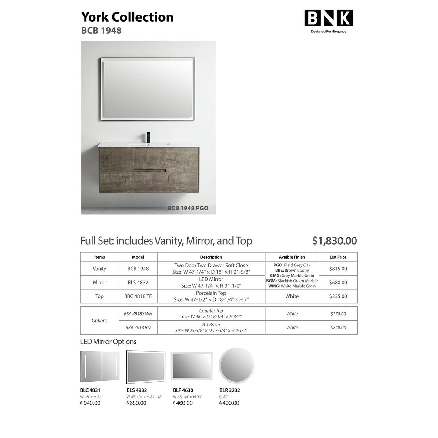 BNK BCB1948PGO York Plaid Grey Oak Vanity Only Two-Door Two Drawer Soft Close