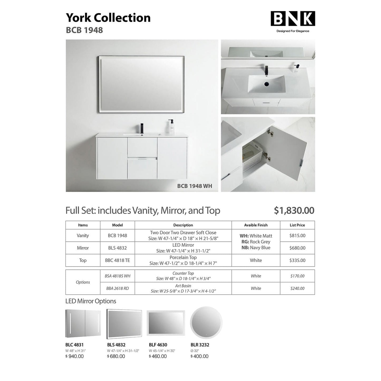 BNK BCB1948WH York White Matt Vanity Only Two-Door Two Drawer Soft Close