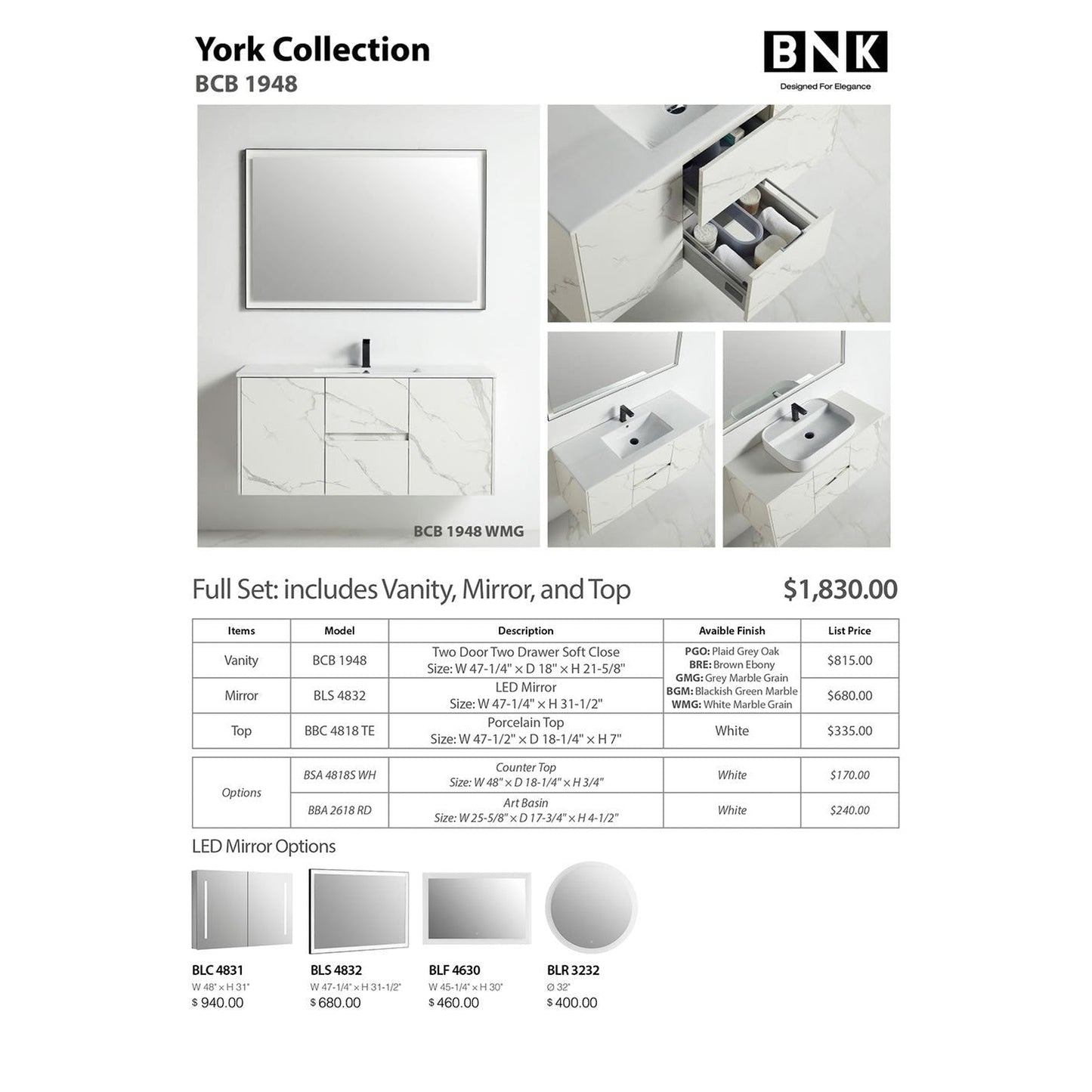 BNK BCB1948WMG York White Mable Grain Vanity Only Two-Door Two Drawer Soft Close