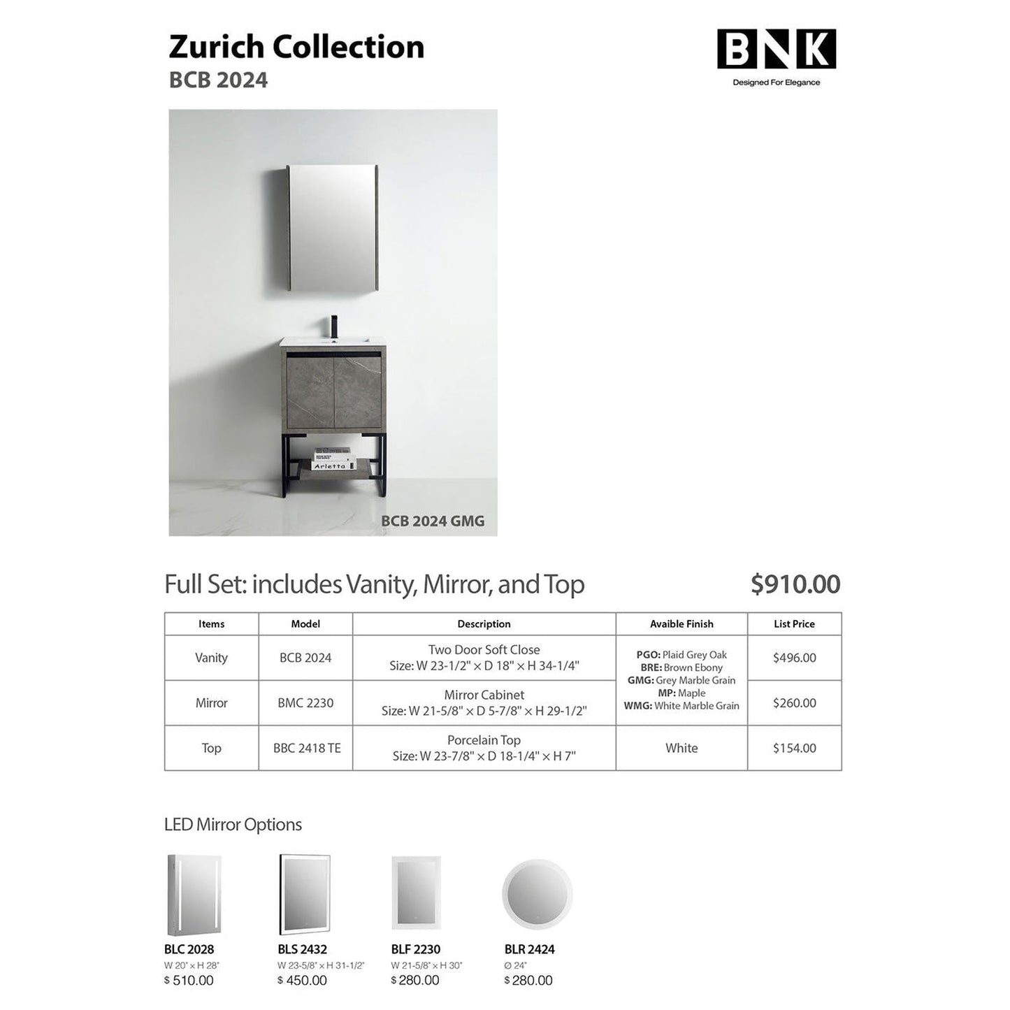 BNK BCB2024GMG Zurich Grey Mable Grain Vanity Only Two-Door Soft Close