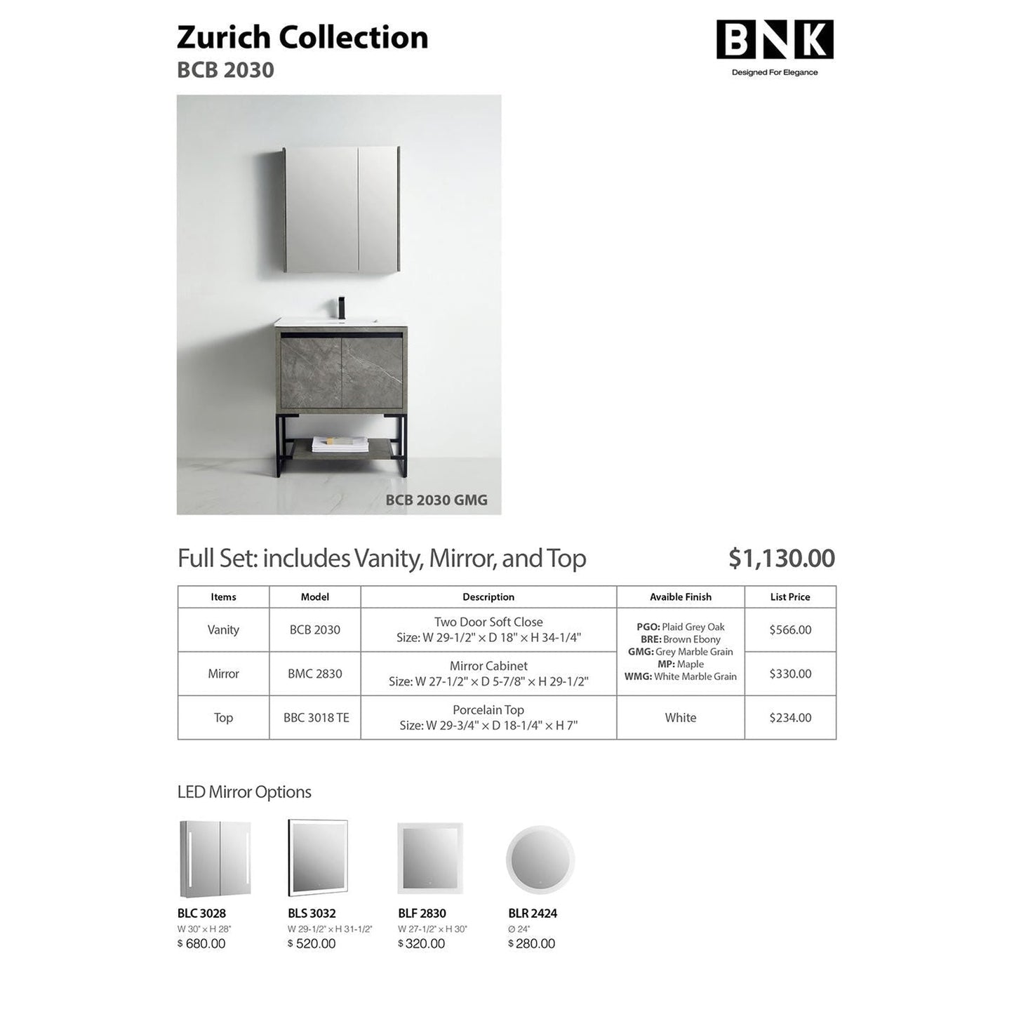 BNK BCB2030GMG Zurich Grey Mable Grain Vanity Only Two-Door Soft Close