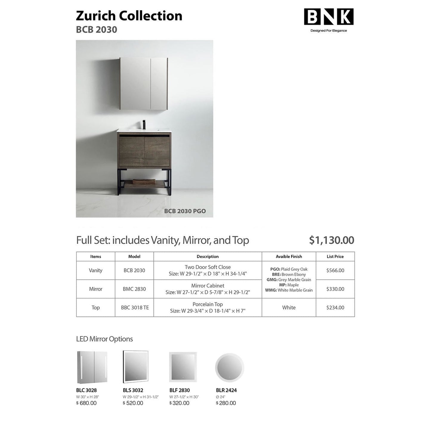 BNK BCB2030PGO Zurich Plaid Grey Oak Vanity Only Two-Door Soft Close