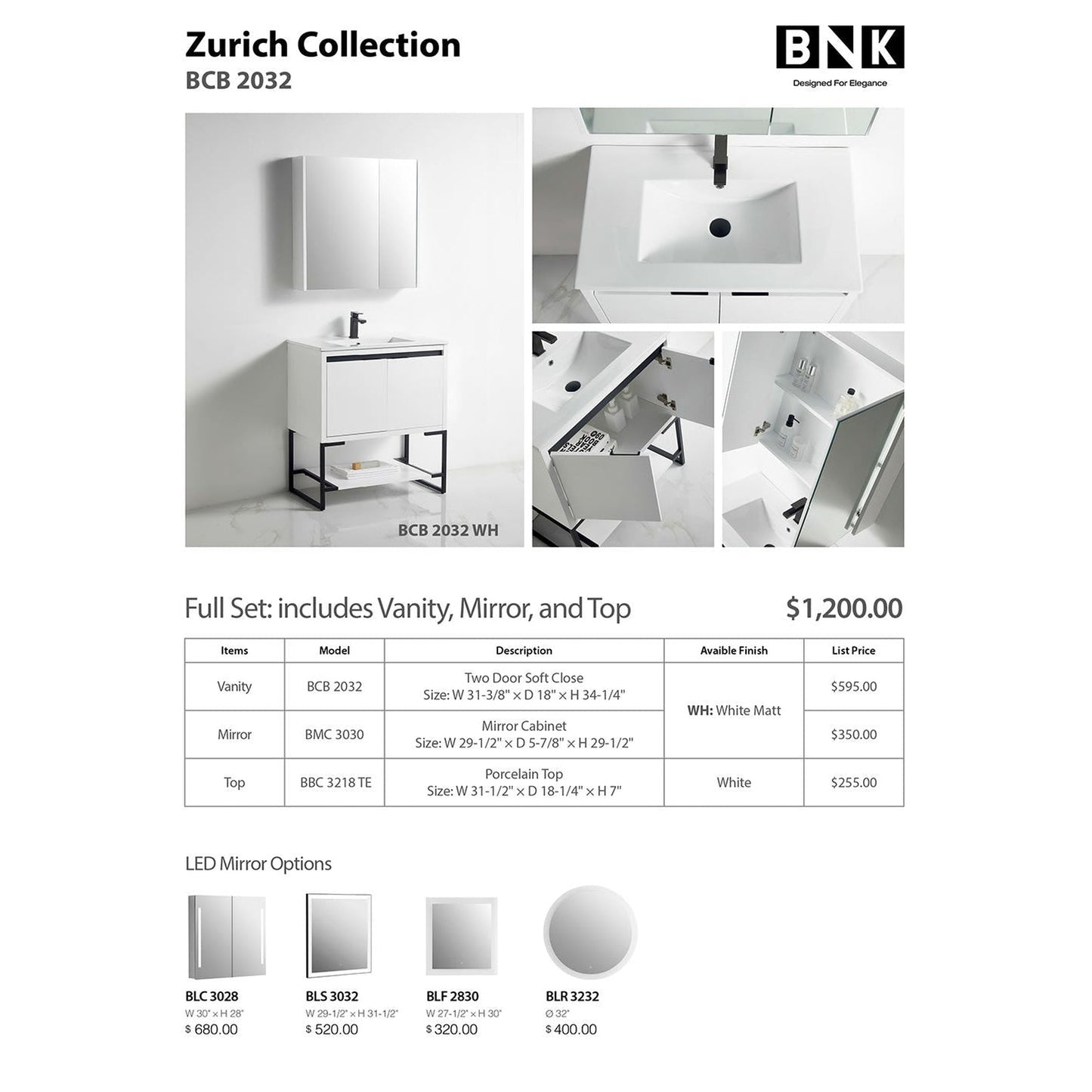 BNK BCB2032WH Zurich White Matt Vanity Only Two-Door Soft Close